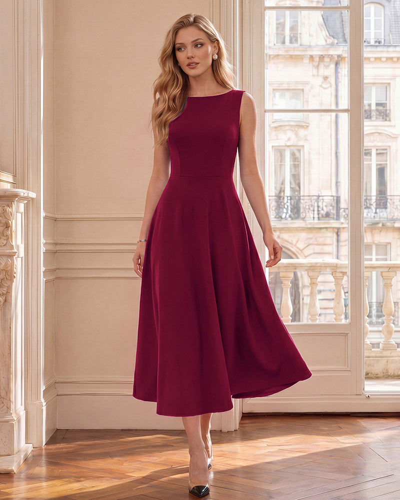 belle poque 1980s Vintage Women's Cocktail Dress Elegant A Line Midi Dresses with Pockets