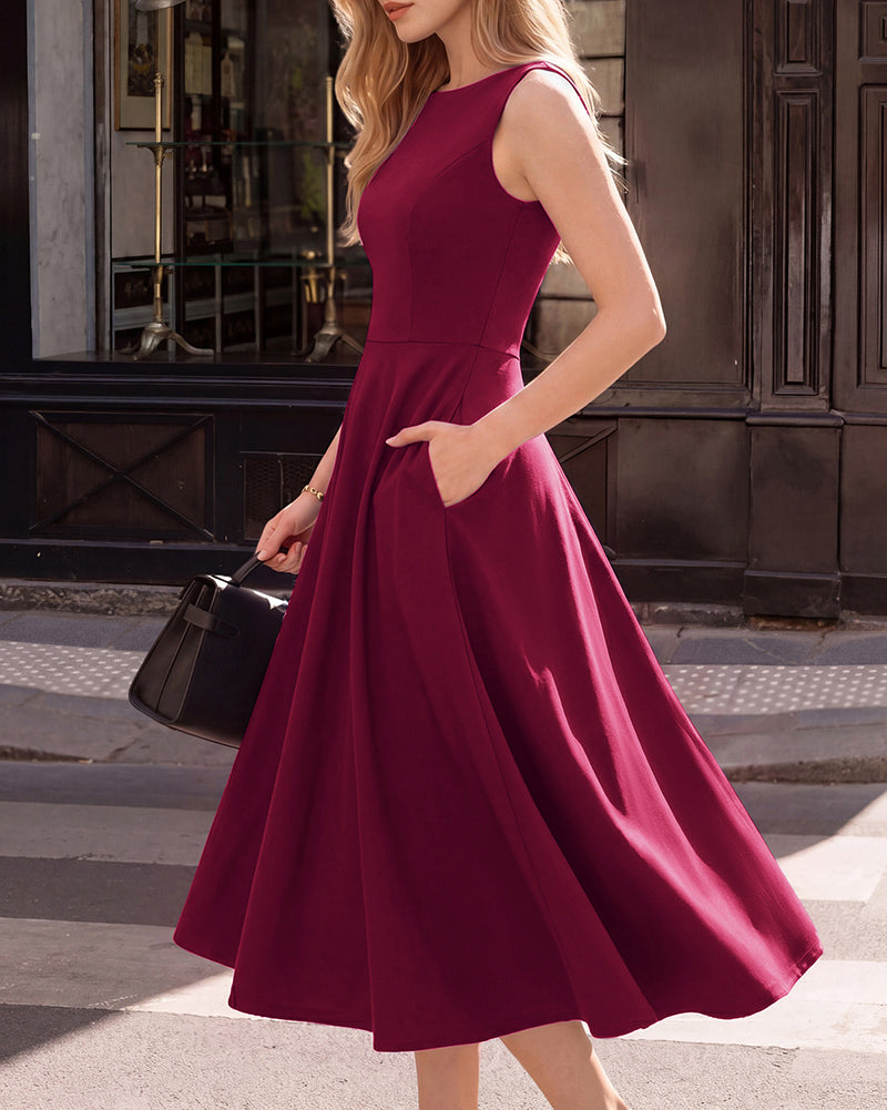 belle poque 1980s Vintage Women's Cocktail Dress Elegant A Line Midi Dresses with Pockets