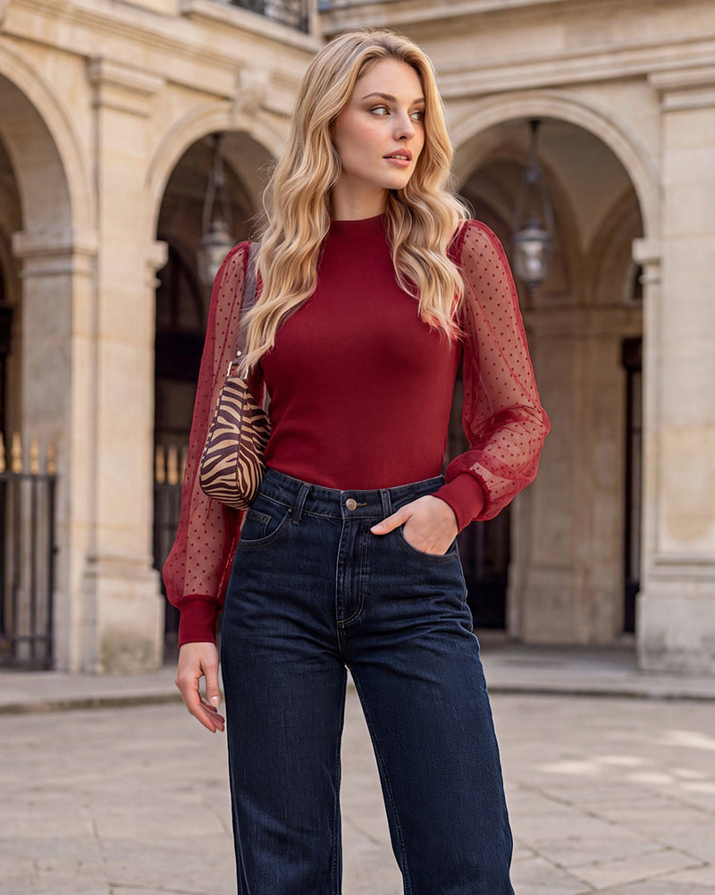 belle poque 1980s Dressy Casual Mesh Shirts Long Sleeve Tops for Women