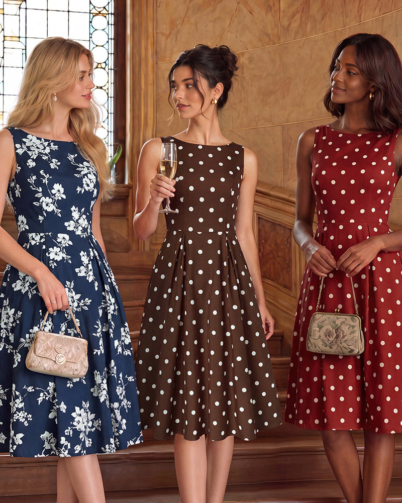 belle poque 1950s Vintage Polka Dot Dress for Women Boat Neck Midi A Line Cocktail Party Dresses