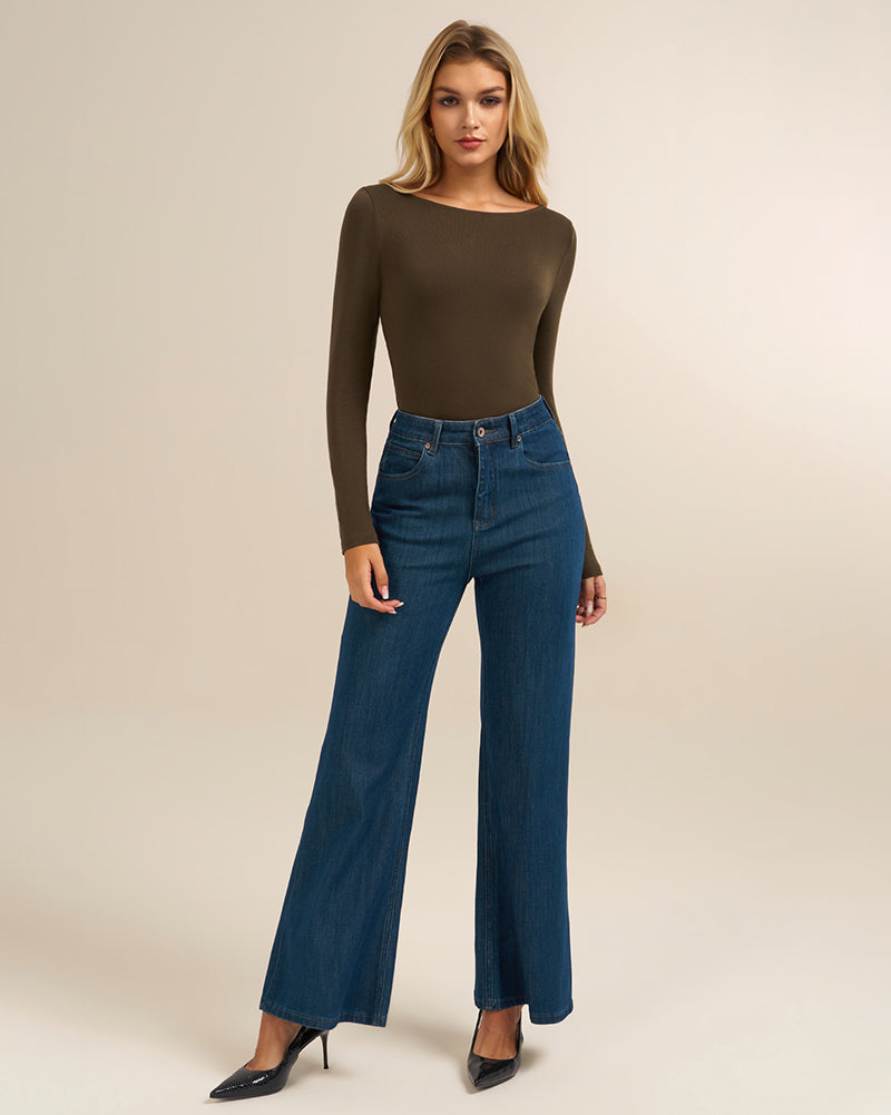 belle poque Women's Wool Long Sleeve Boat Neck Tops Fitted Basic Tees Wool Base Layer Women