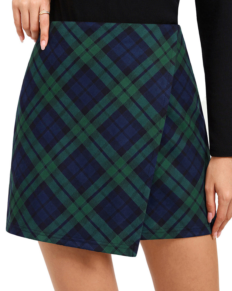 belle poque 1980s Vintage Women's Plaid Skirt Fall Mini Skirt for Outgoing Navy