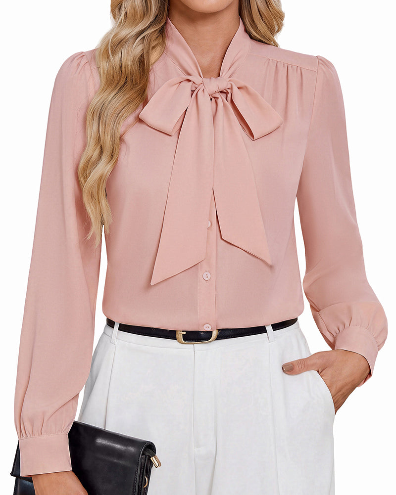 belle poque Women Vintage Long Sleeve Bow-Knot Decorated Button-up Tops Pink