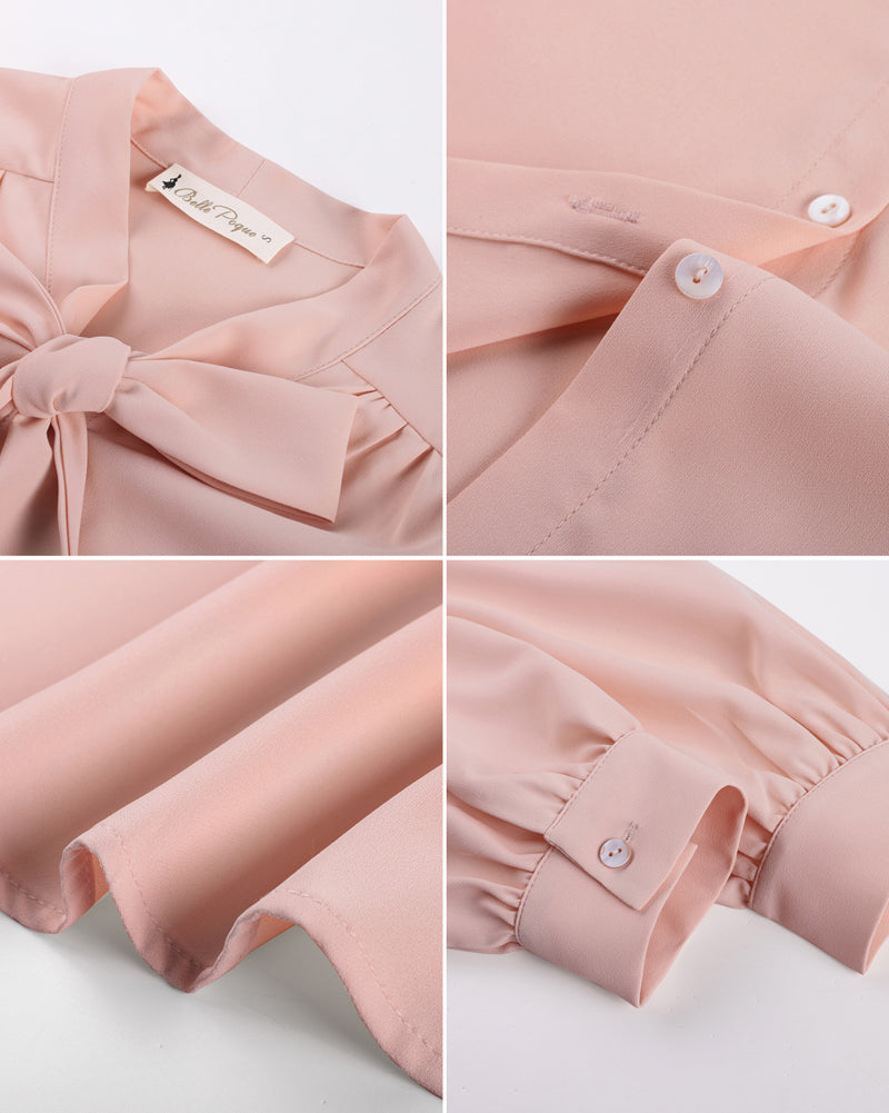 belle poque Women Vintage Long Sleeve Bow-Knot Decorated Button-up Tops