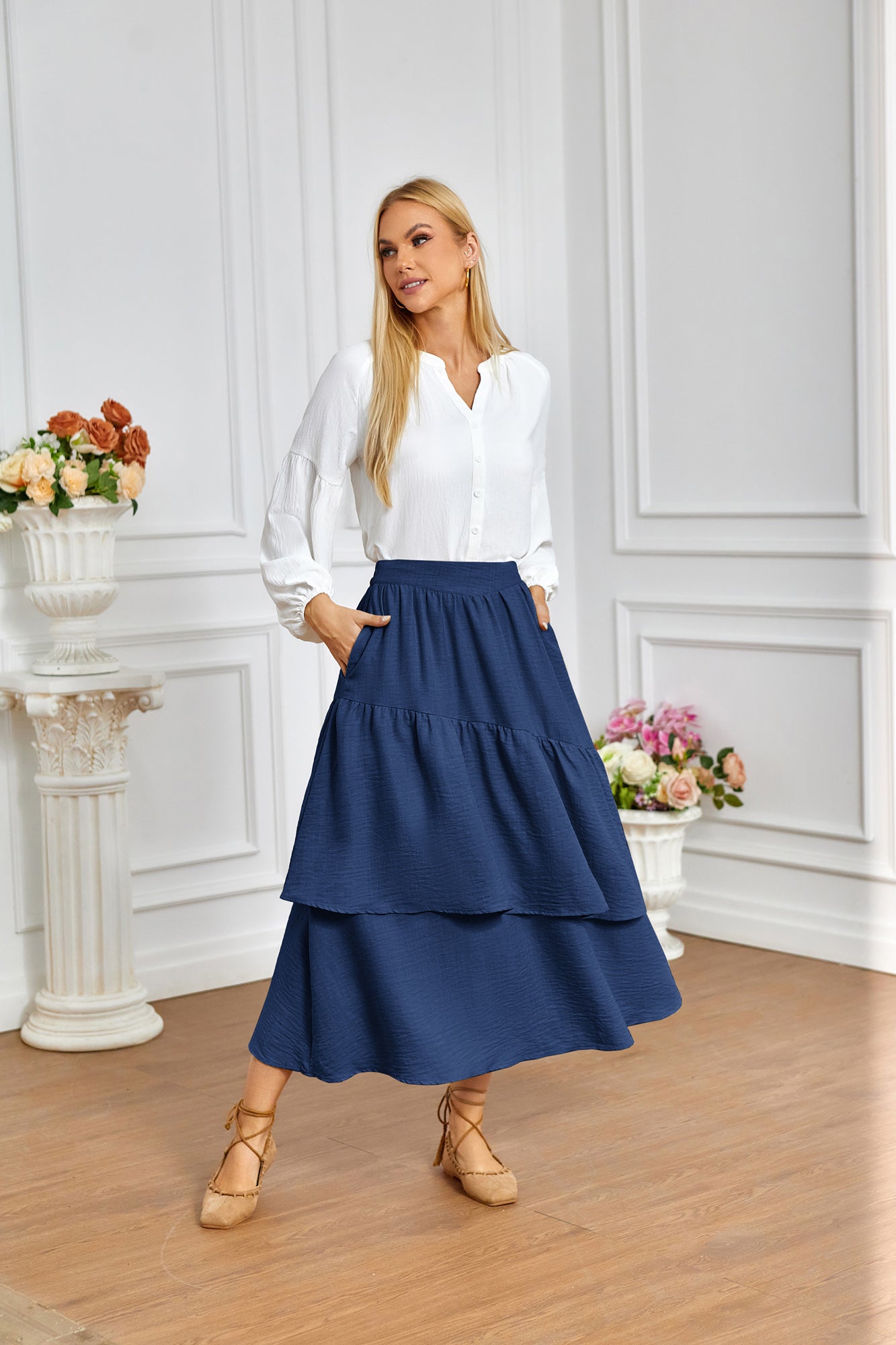 belle poque BP Women Vintage 2-Layer Swing Skirt Elastic High Waist Maxi Skirt