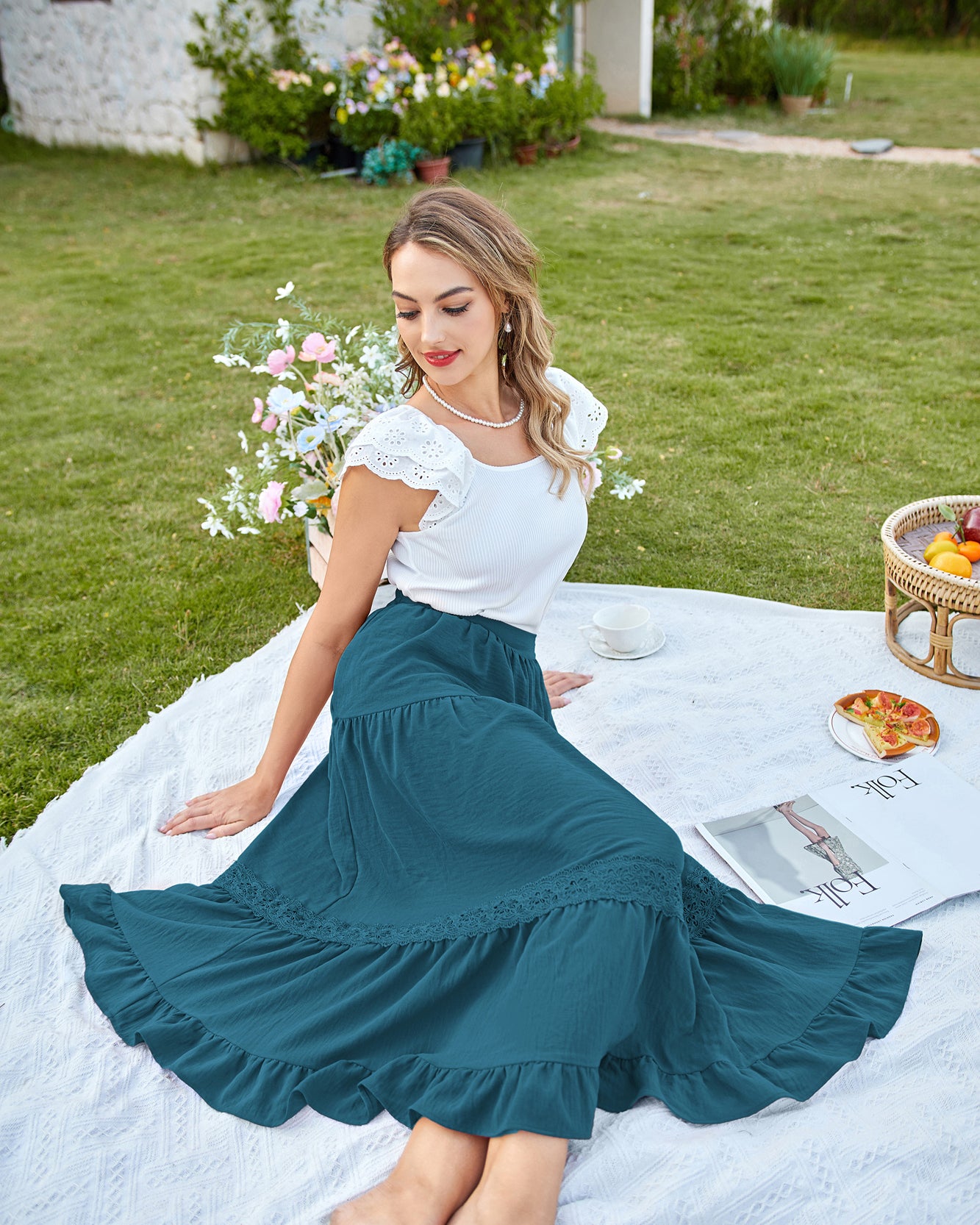 belle poque Women's Midi Skirt Boho Flowy Aline Ruffle Lace Tiered Skirt with Pockets 2025