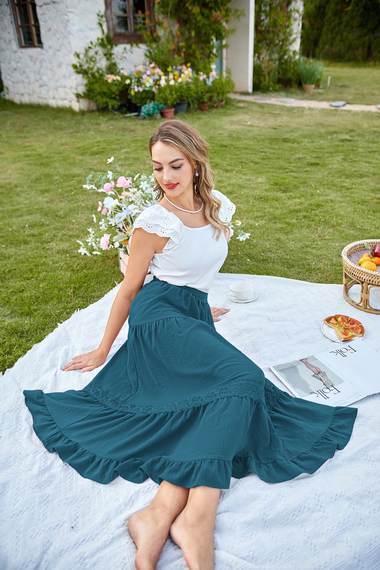 belle poque Women Vintage Tiered Swing Skirt Elastic Waist Ruffled Hem Mid-Calf Skirt