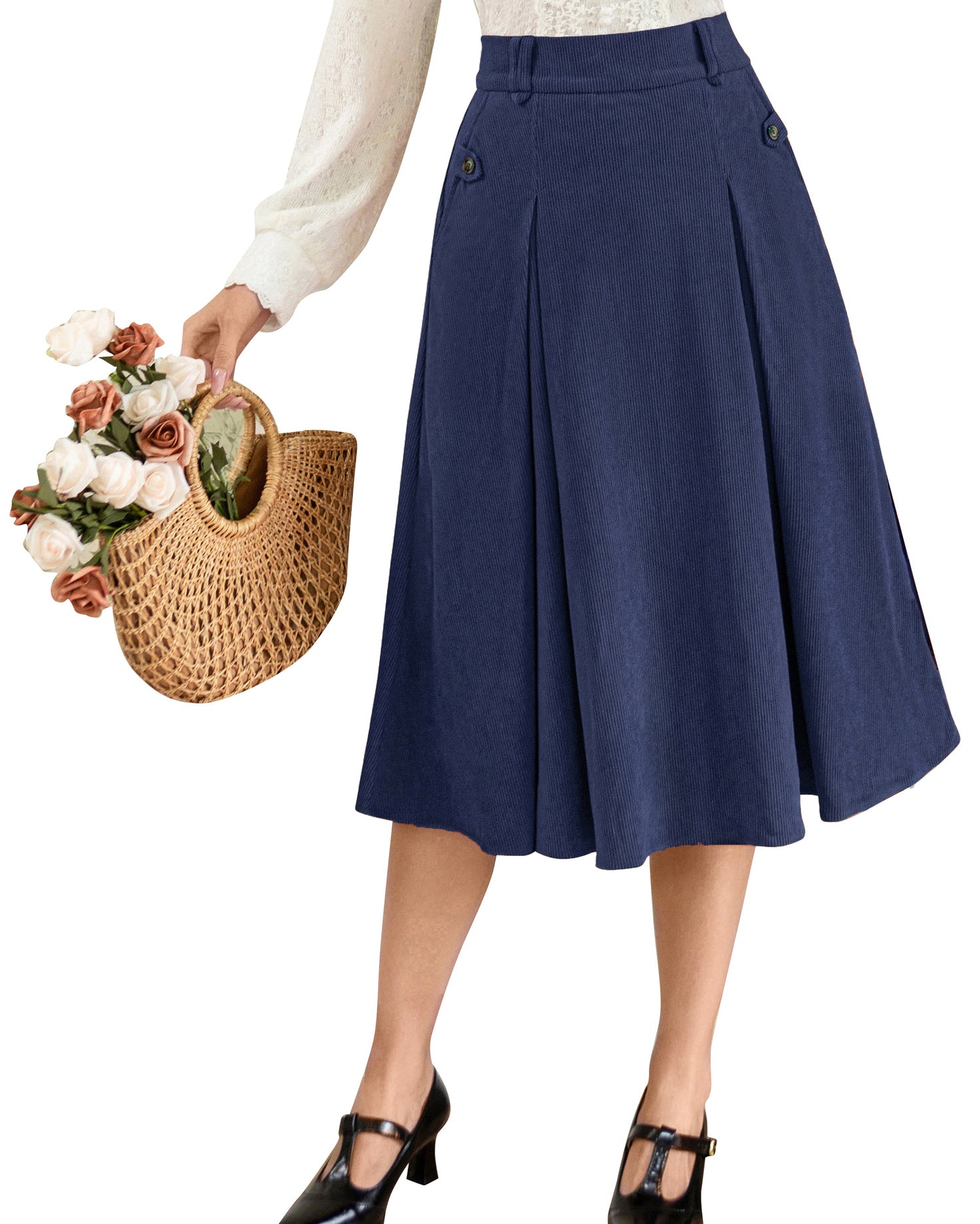 belle poque Vintage Swing Skirt Elastic Waist Flared A-Line Mid-Calf Skirt