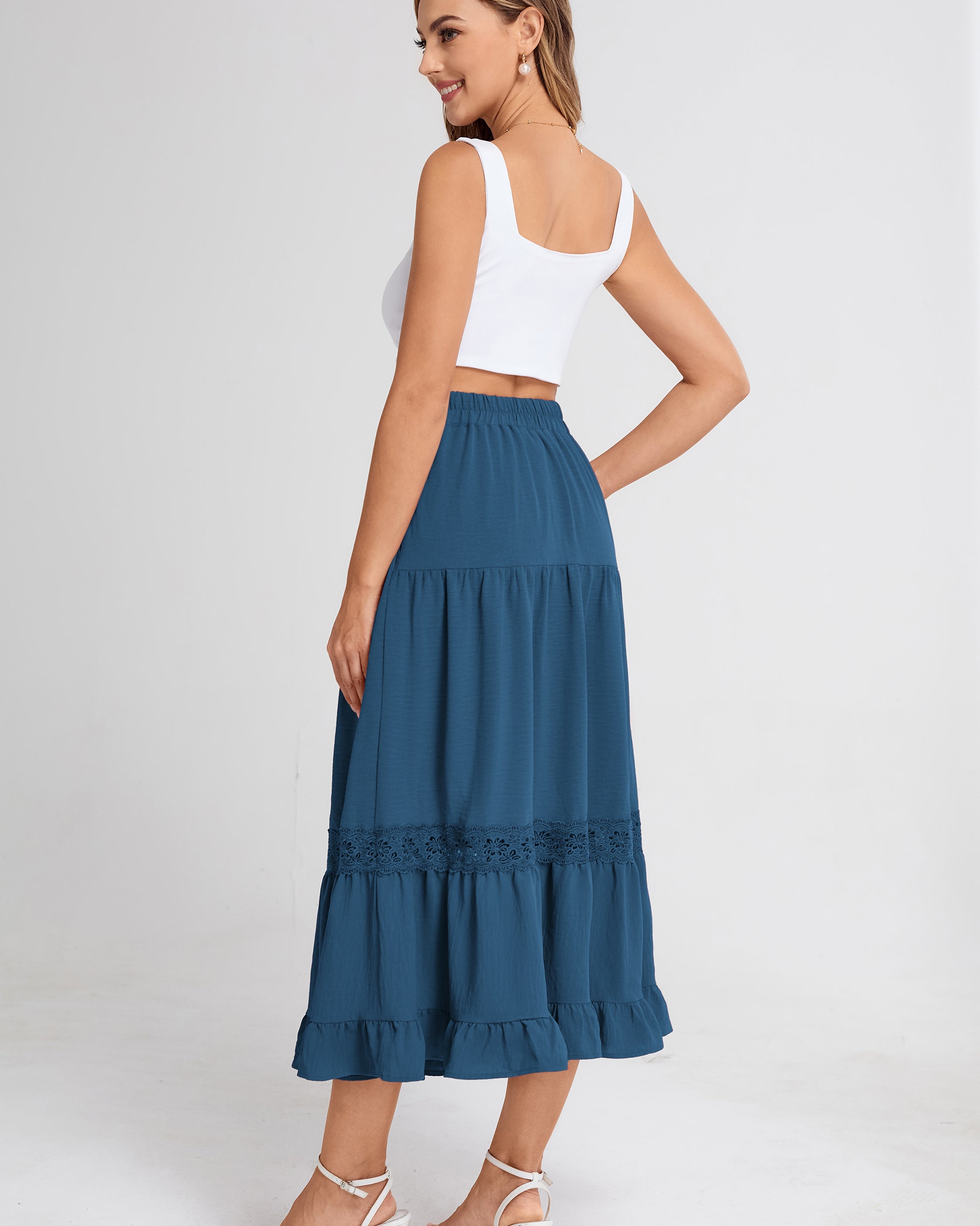 belle poque Women's Midi Skirt Boho Flowy Aline Ruffle Lace Tiered Skirt with Pockets 2025