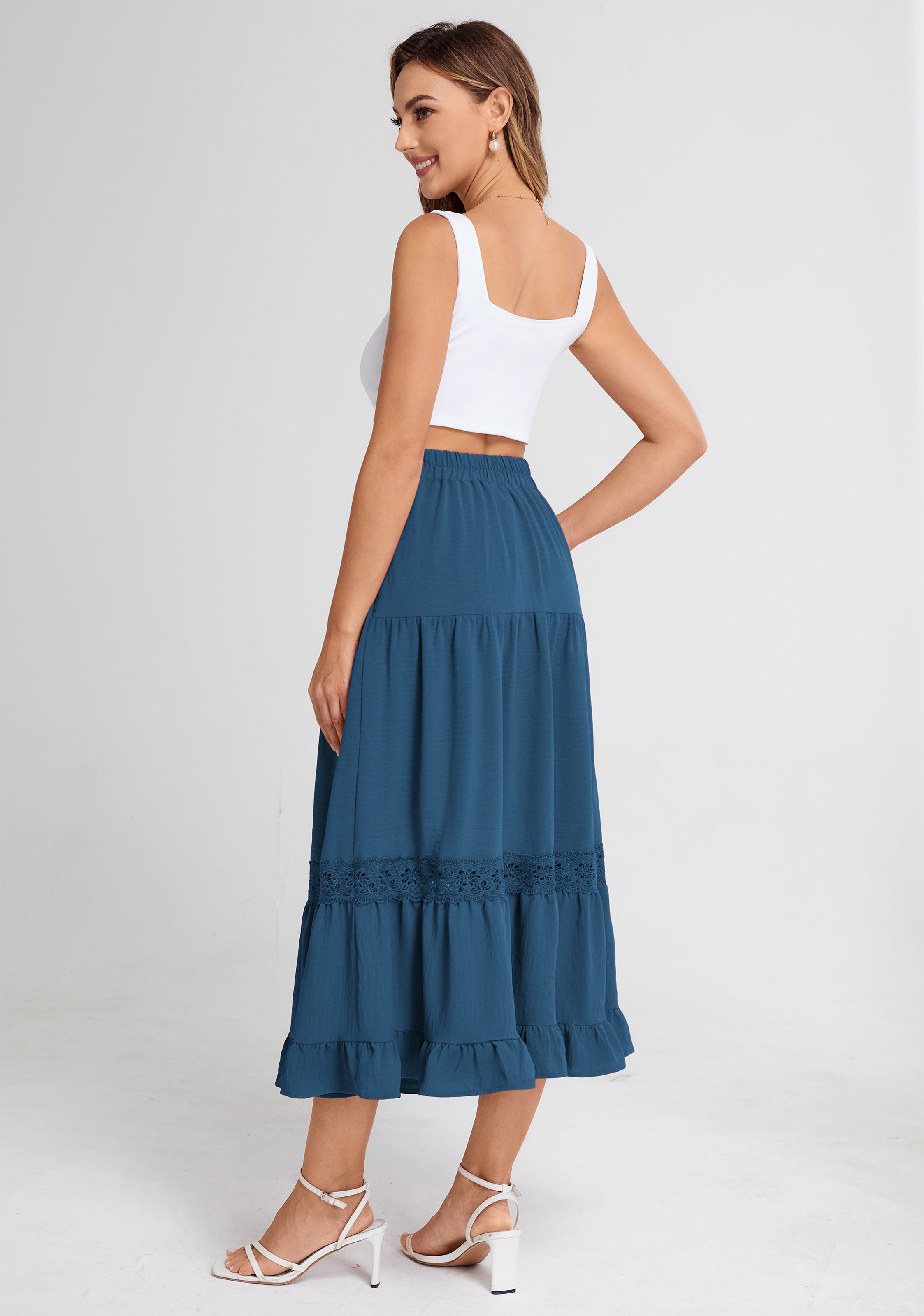 belle poque Women Vintage Tiered Swing Skirt Elastic Waist Ruffled Hem Mid-Calf Skirt