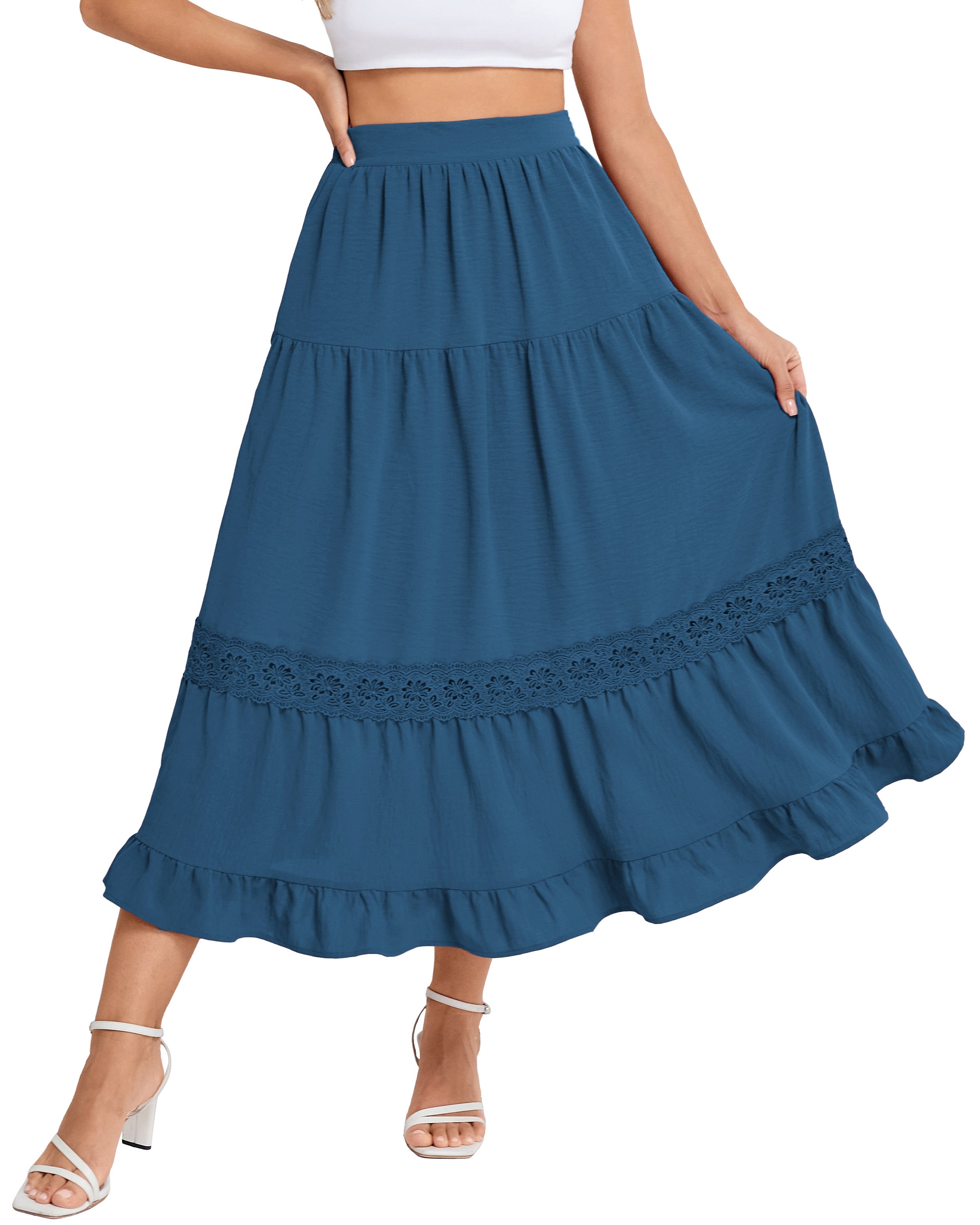 belle poque Women's Midi Skirt Boho Flowy Aline Ruffle Lace Tiered Skirt with Pockets 2025