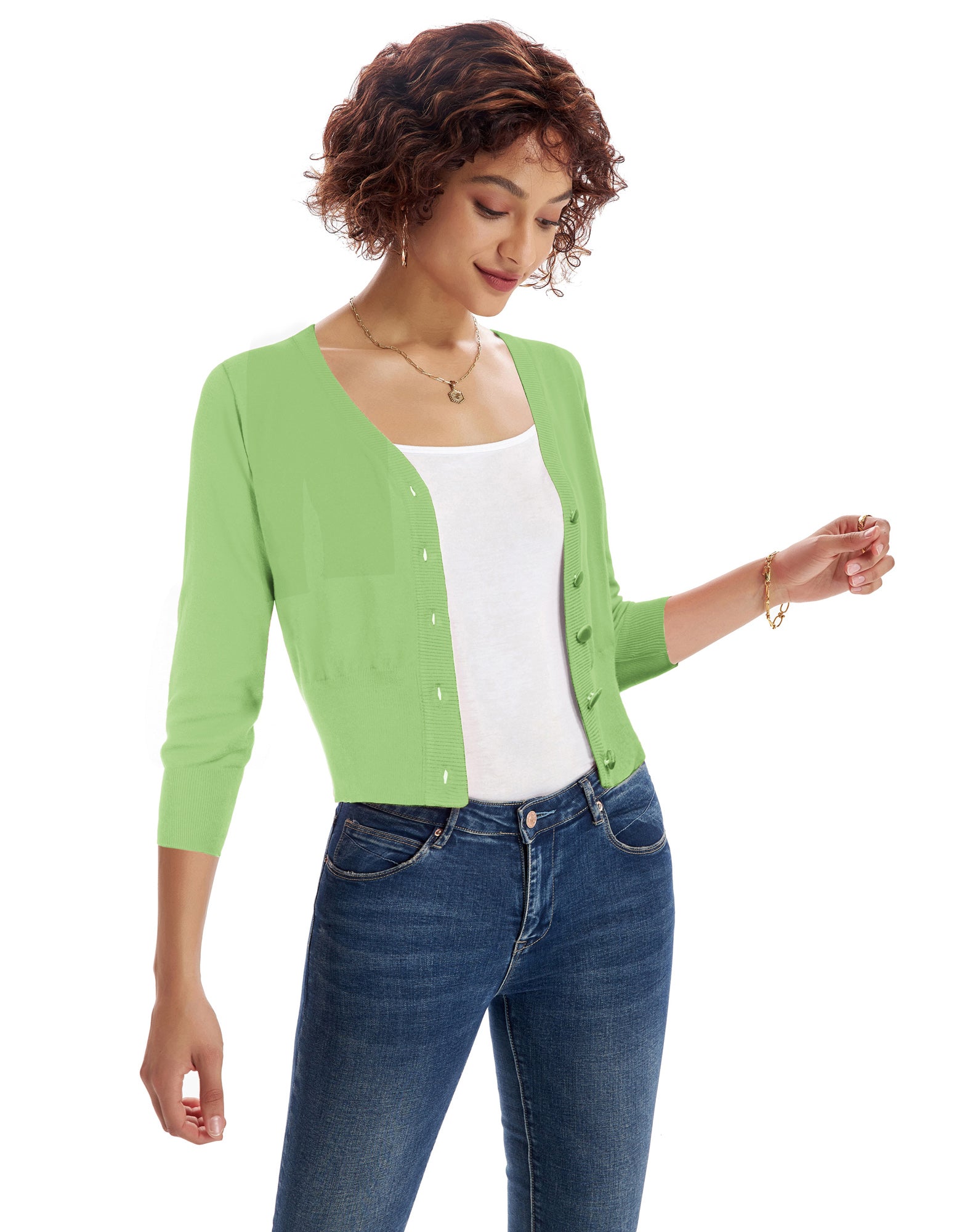 belle poque Cropped Cardigan 3/4 Sleeve V-Neck Button-up Sweater Knitwear