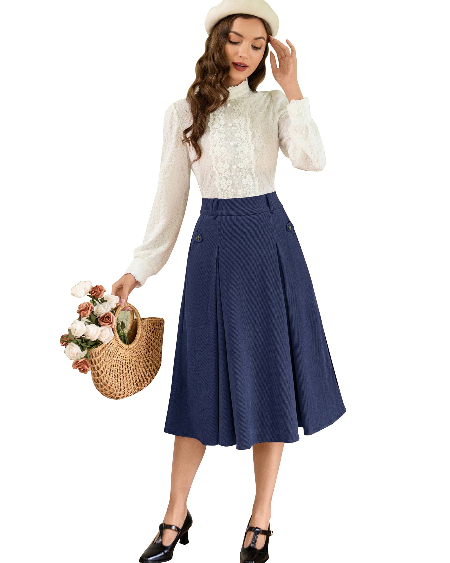 belle poque Vintage Swing Skirt Elastic Waist Flared A-Line Mid-Calf Skirt