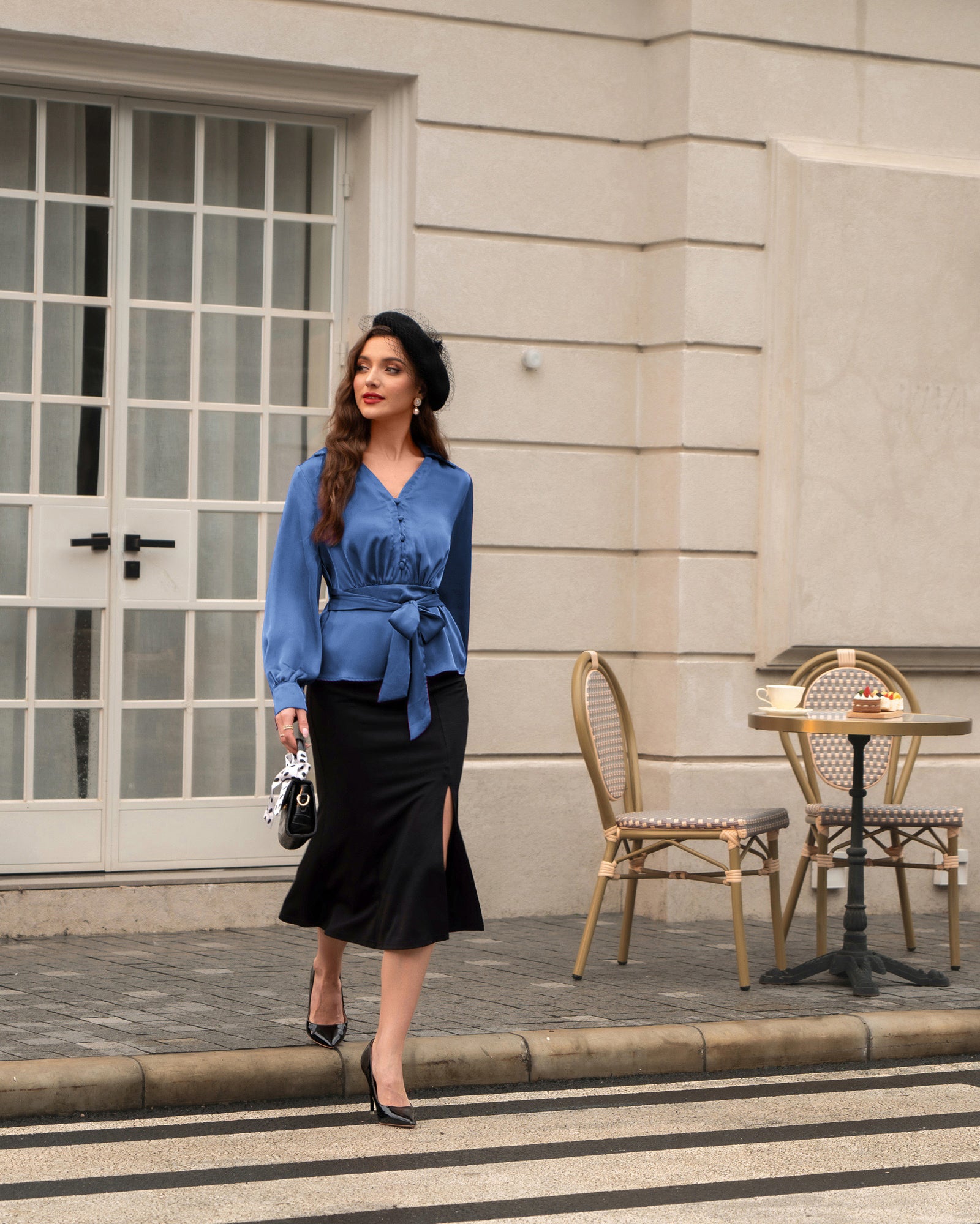 belle poque Vintage Elastic Waist Blouse Long Sleeve Lapel V-Neck Pullover Tops