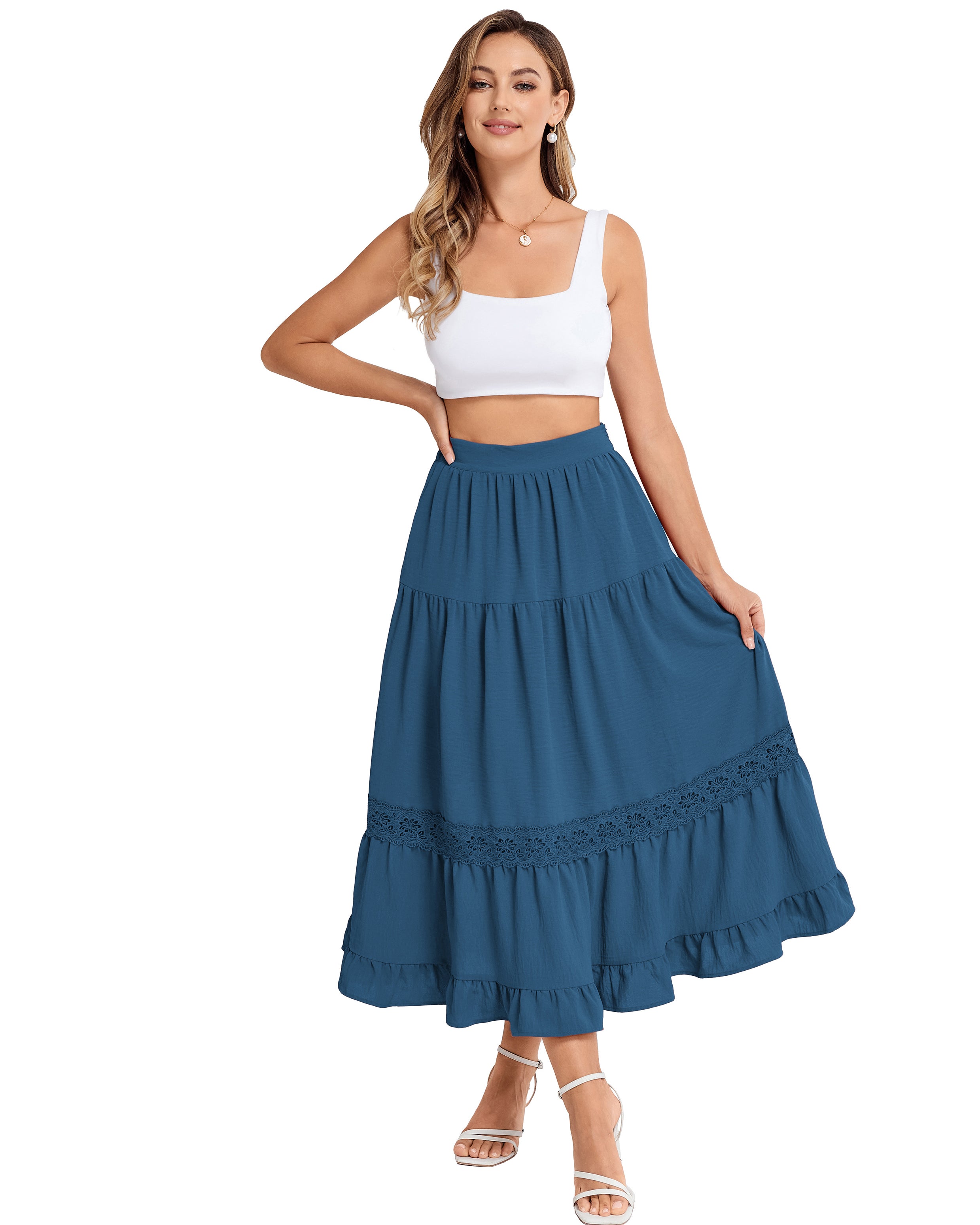 belle poque Women's Midi Skirt Boho Flowy Aline Ruffle Lace Tiered Skirt with Pockets 2025