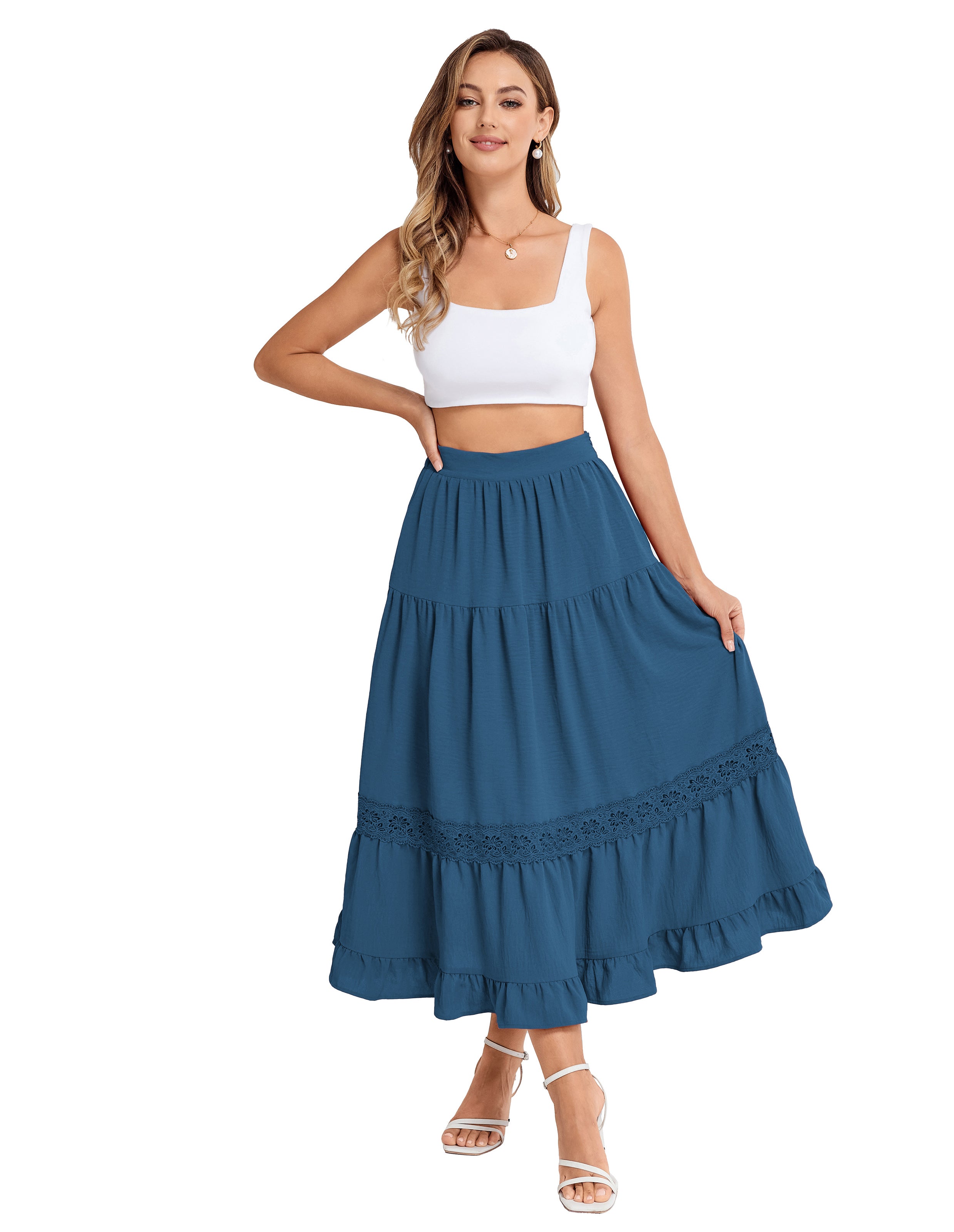 belle poque Women Vintage Tiered Swing Skirt Elastic Waist Ruffled Hem Mid-Calf Skirt