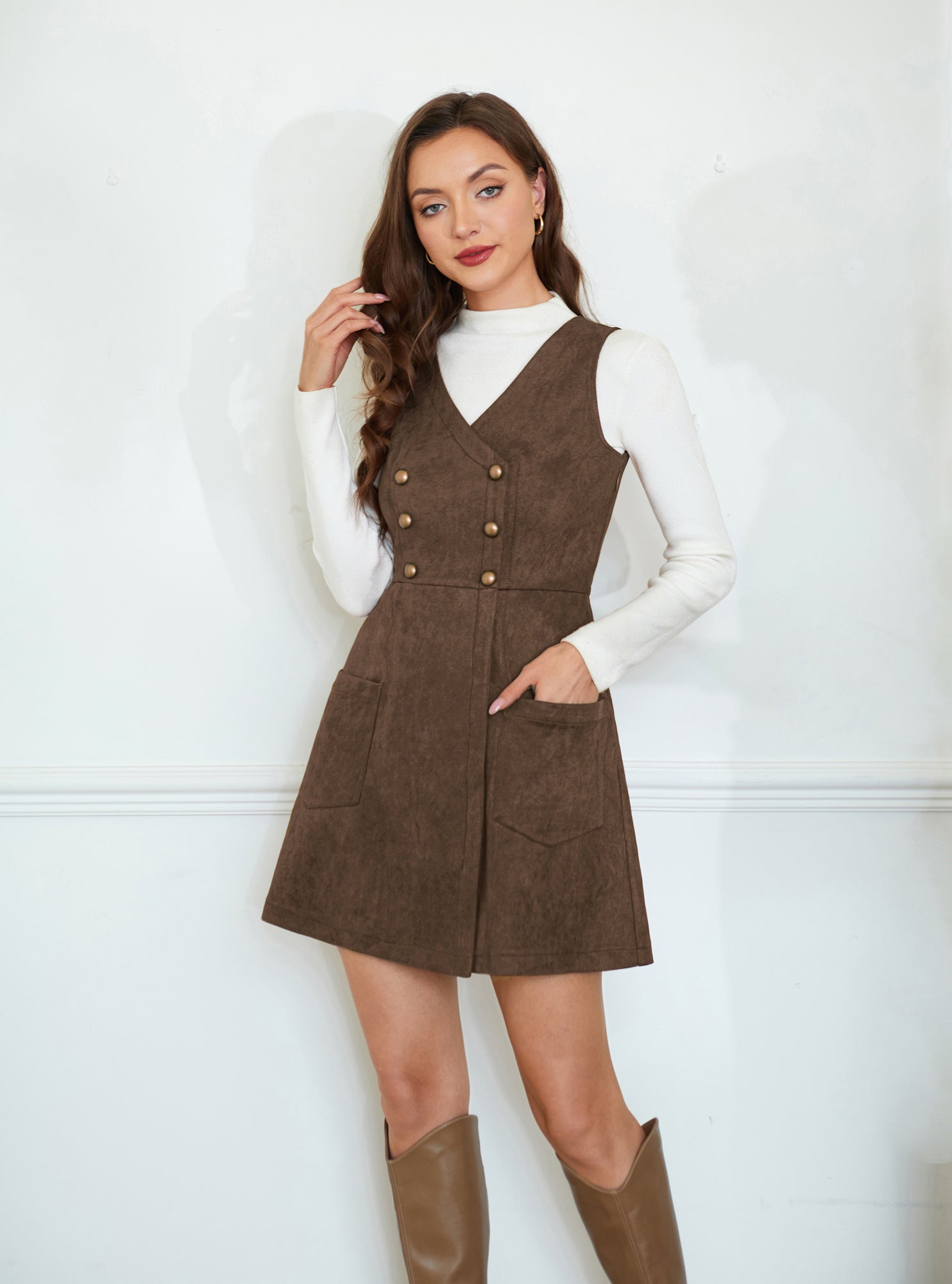 belle poque Vintage Faux Suede Dress Sleeveless V-Neck Elastic Waist A-Line Dress