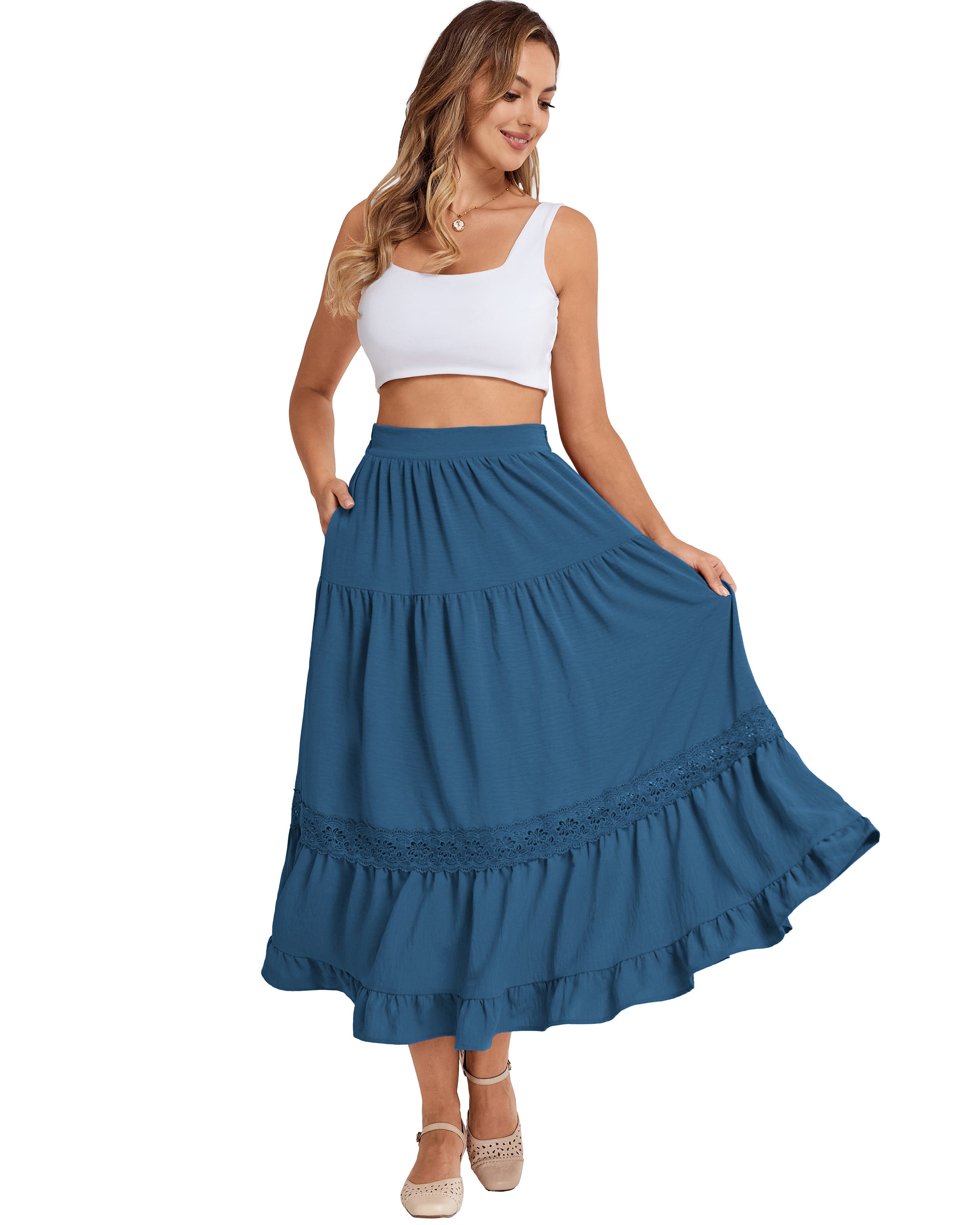 belle poque Women's Midi Skirt Boho Flowy Aline Ruffle Lace Tiered Skirt with Pockets 2025
