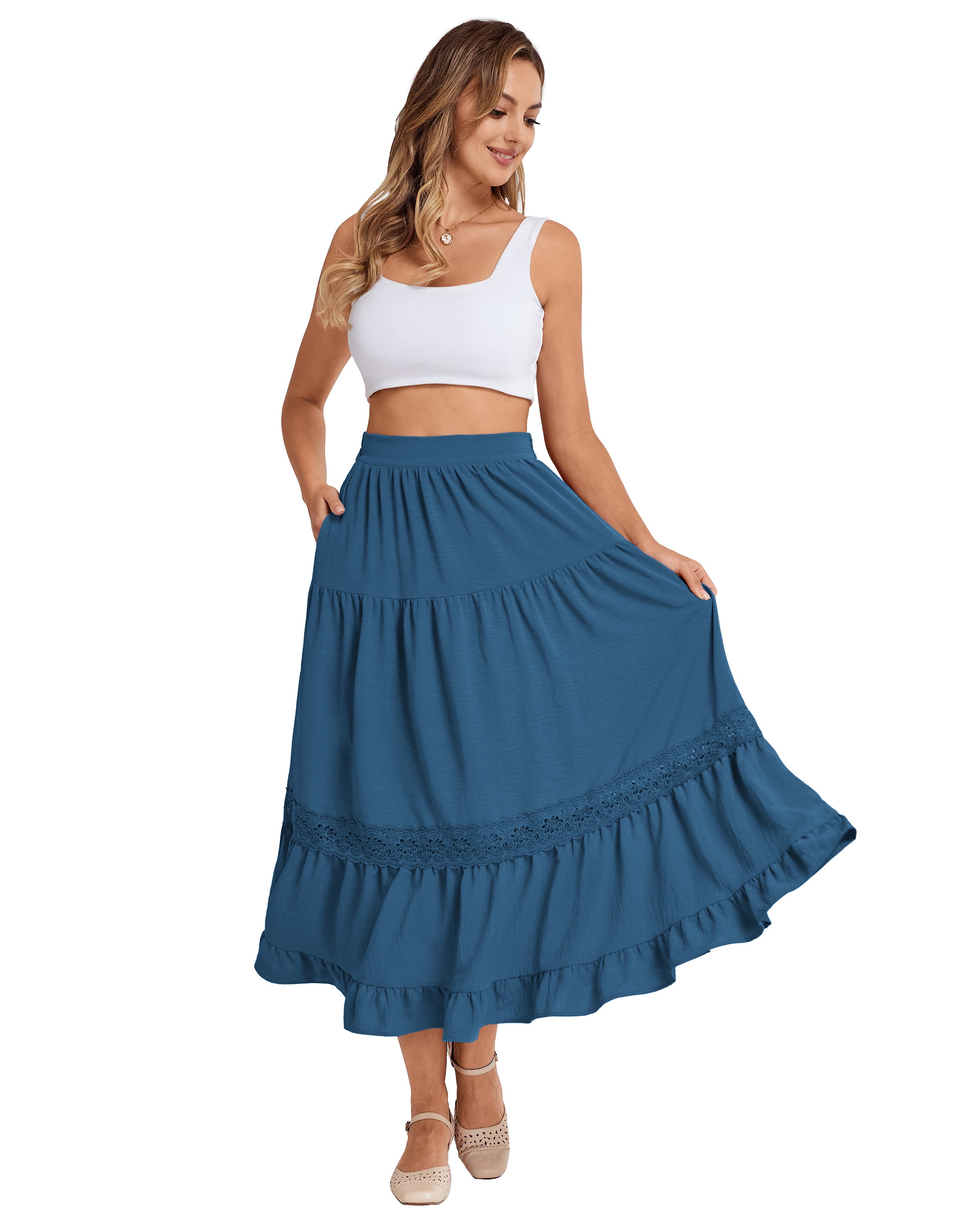 belle poque Women Vintage Tiered Swing Skirt Elastic Waist Ruffled Hem Mid-Calf Skirt