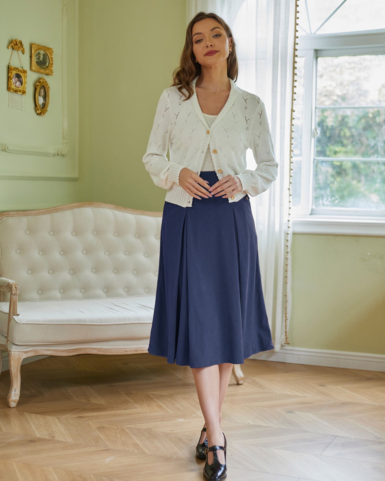 belle poque Vintage Swing Skirt Elastic Waist Flared A-Line Mid-Calf Skirt