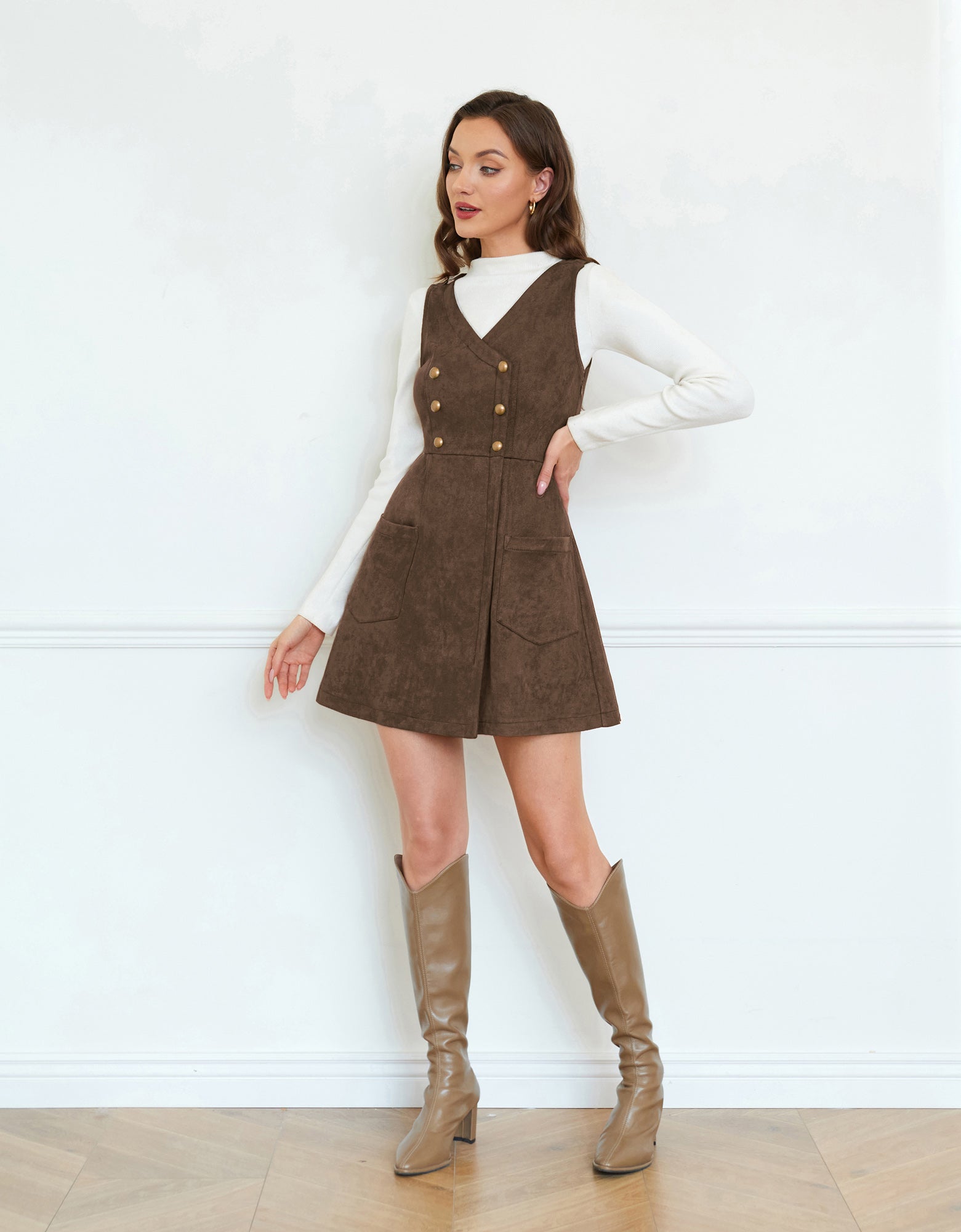 belle poque Vintage Faux Suede Dress Sleeveless V-Neck Elastic Waist A-Line Dress