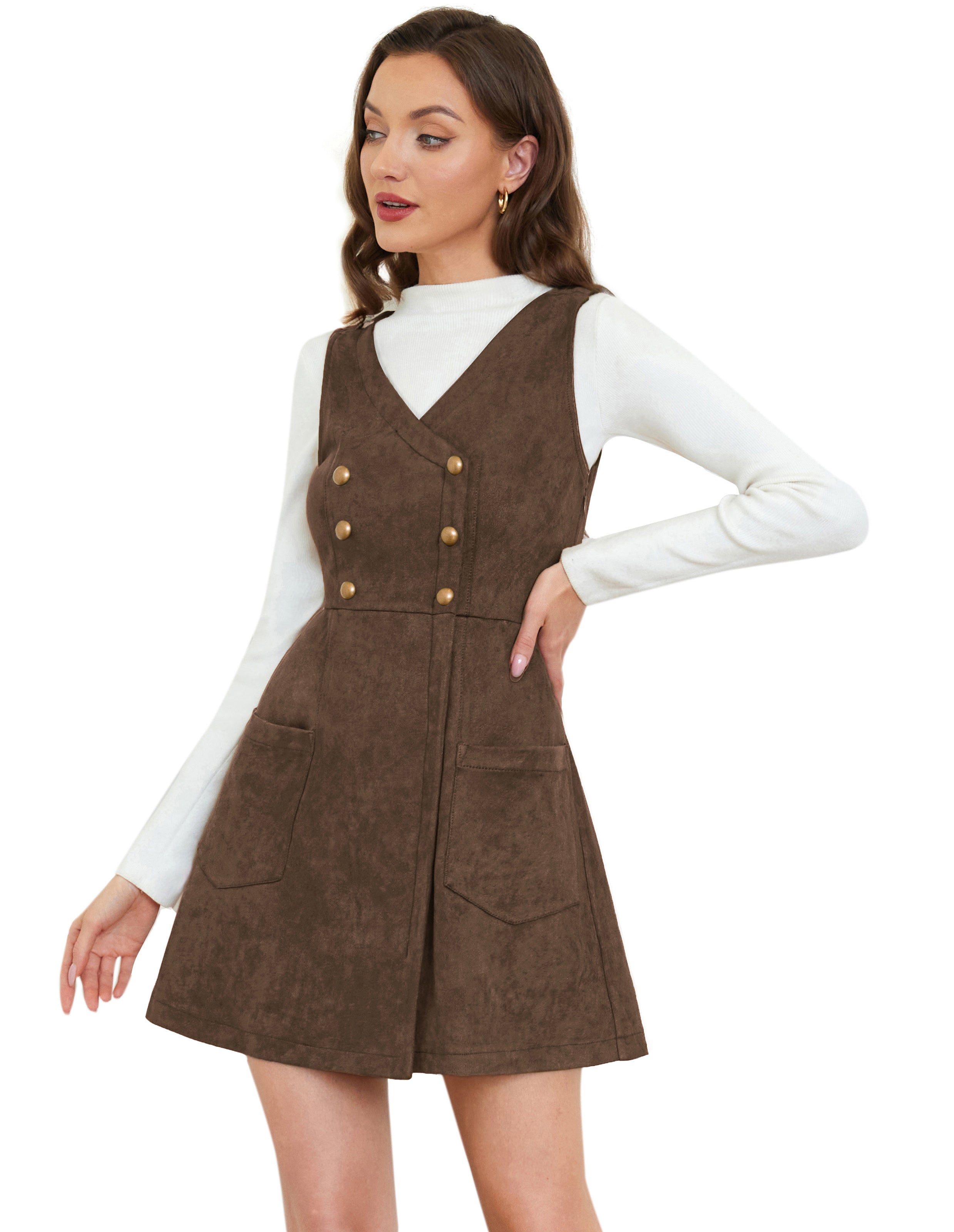 belle poque Vintage Faux Suede Dress Sleeveless V-Neck Elastic Waist A-Line Dress