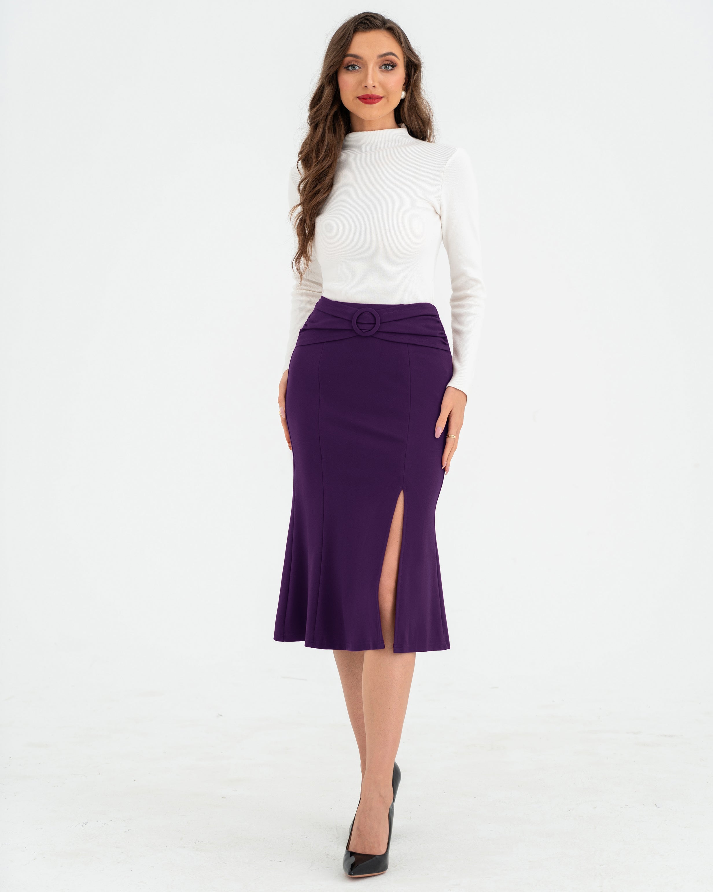 belle poque BP Women Vintage Front Slit Skirt Elastic Waist Mermaid Hem Bodycon Skirt
