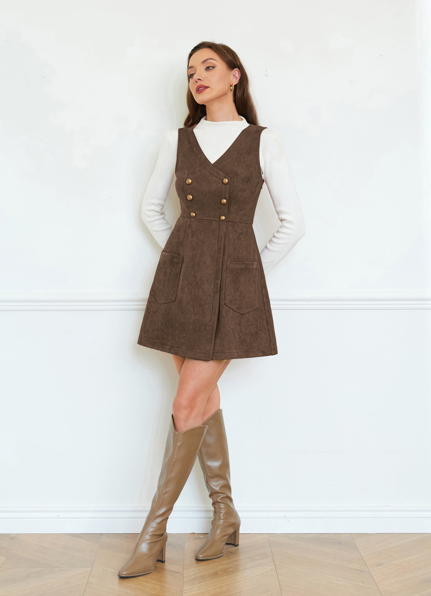 belle poque Vintage Faux Suede Dress Sleeveless V-Neck Elastic Waist A-Line Dress