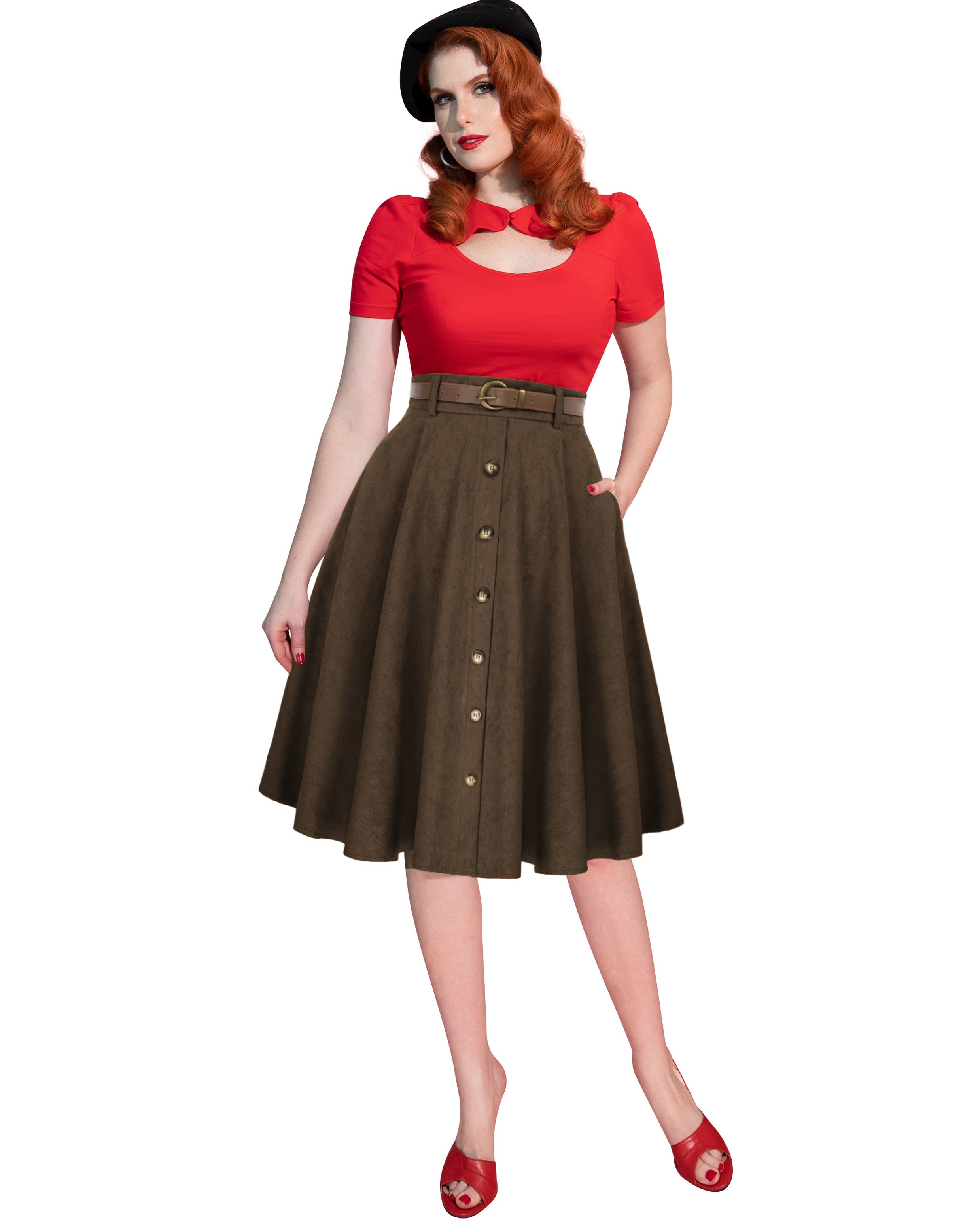 belle poque Corduroy Skirt with Belt Elastic High Waist Mid-Calf Swing Skirt