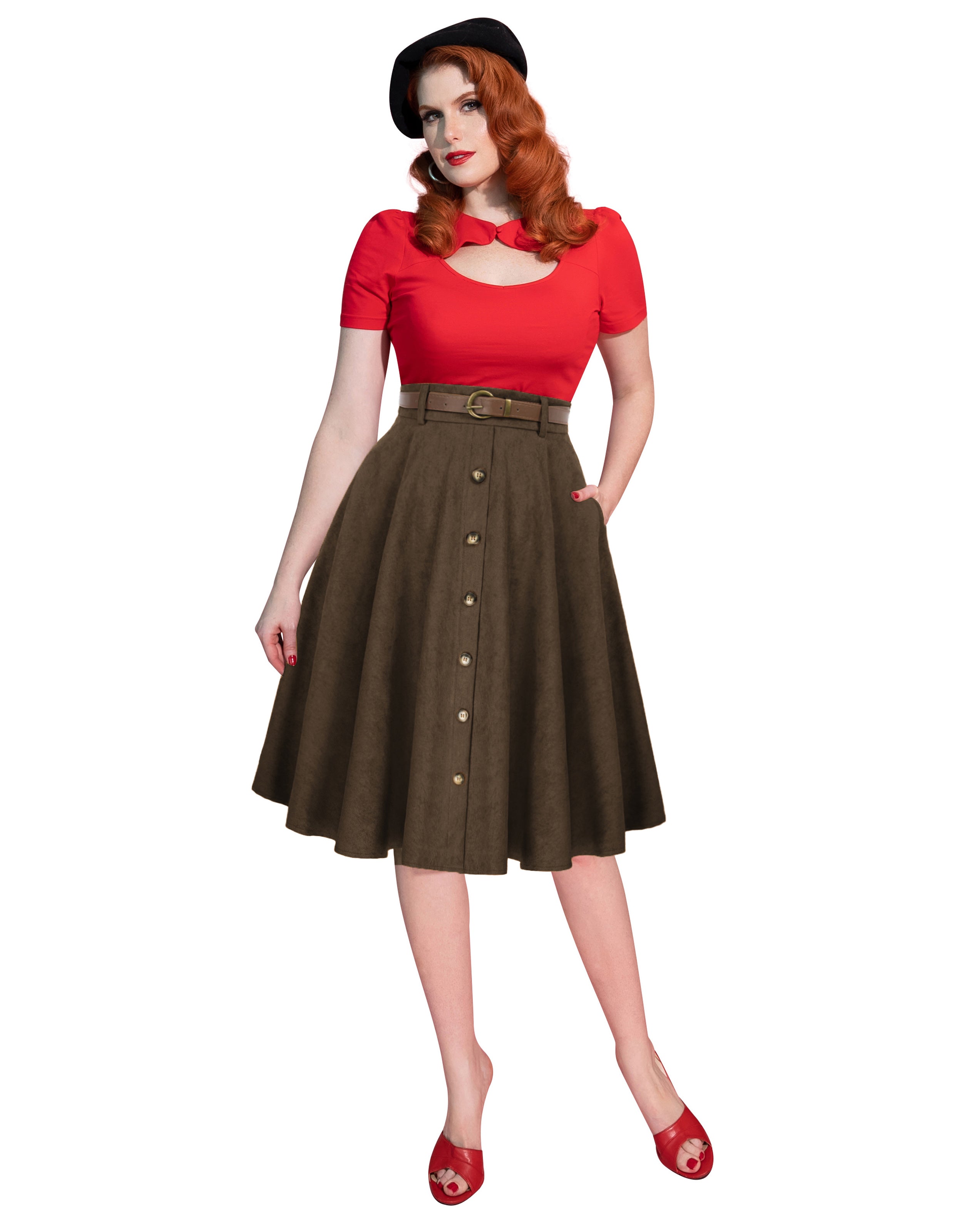 belle poque Corduroy Skirt with Belt Elastic High Waist Mid-Calf Swing Skirt