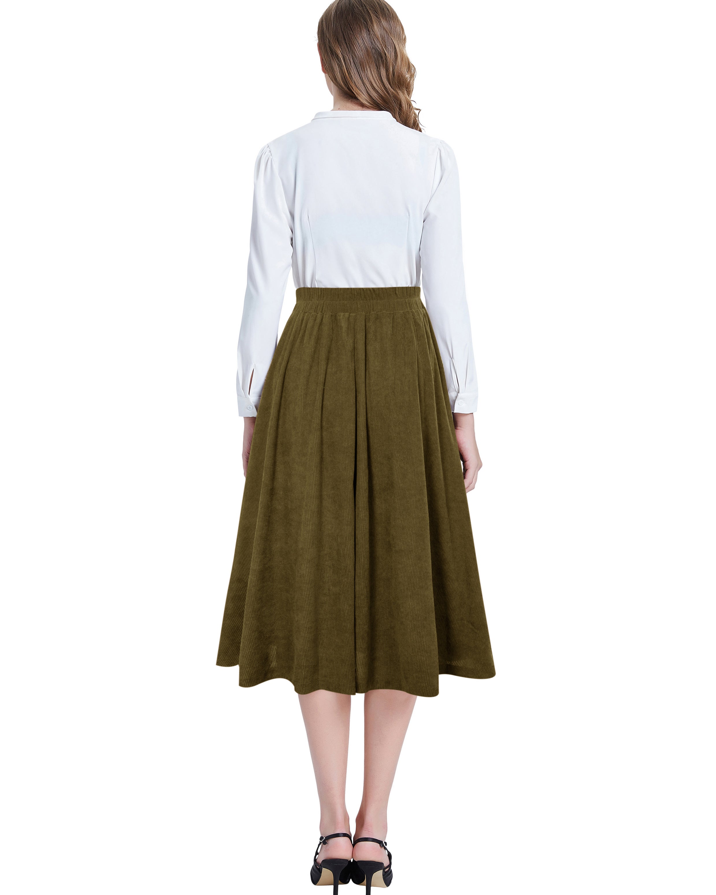 belle poque Vintage Corduroy Skirt Elastic High Waist Buttons Decorated Swing Skirt with Pockets