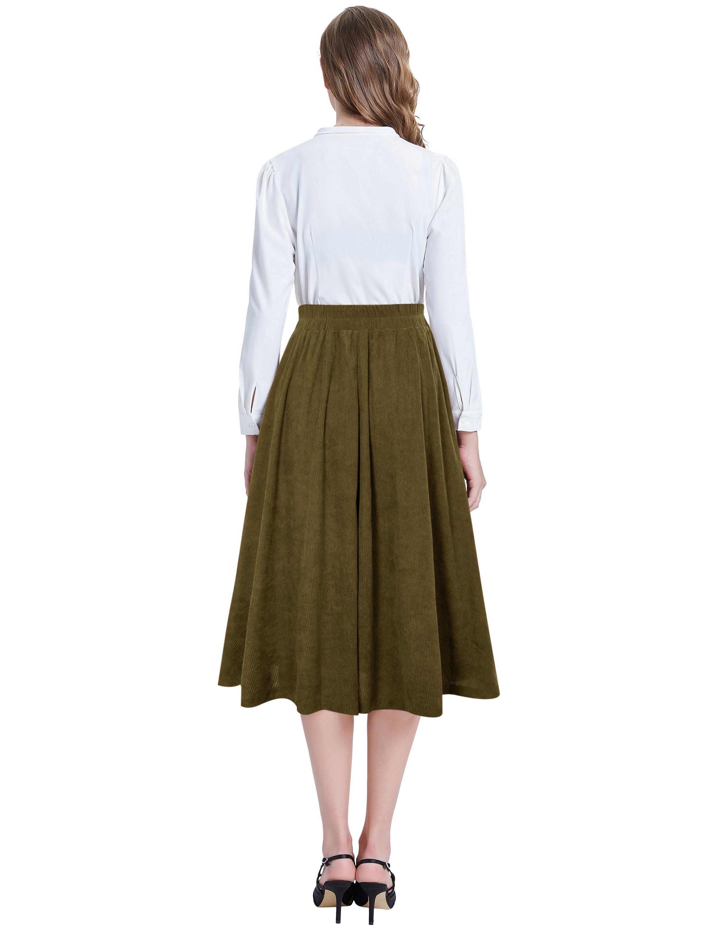 belle poque Vintage Corduroy Skirt Elastic High Waist Buttons Decorated Swing Skirt with Pockets