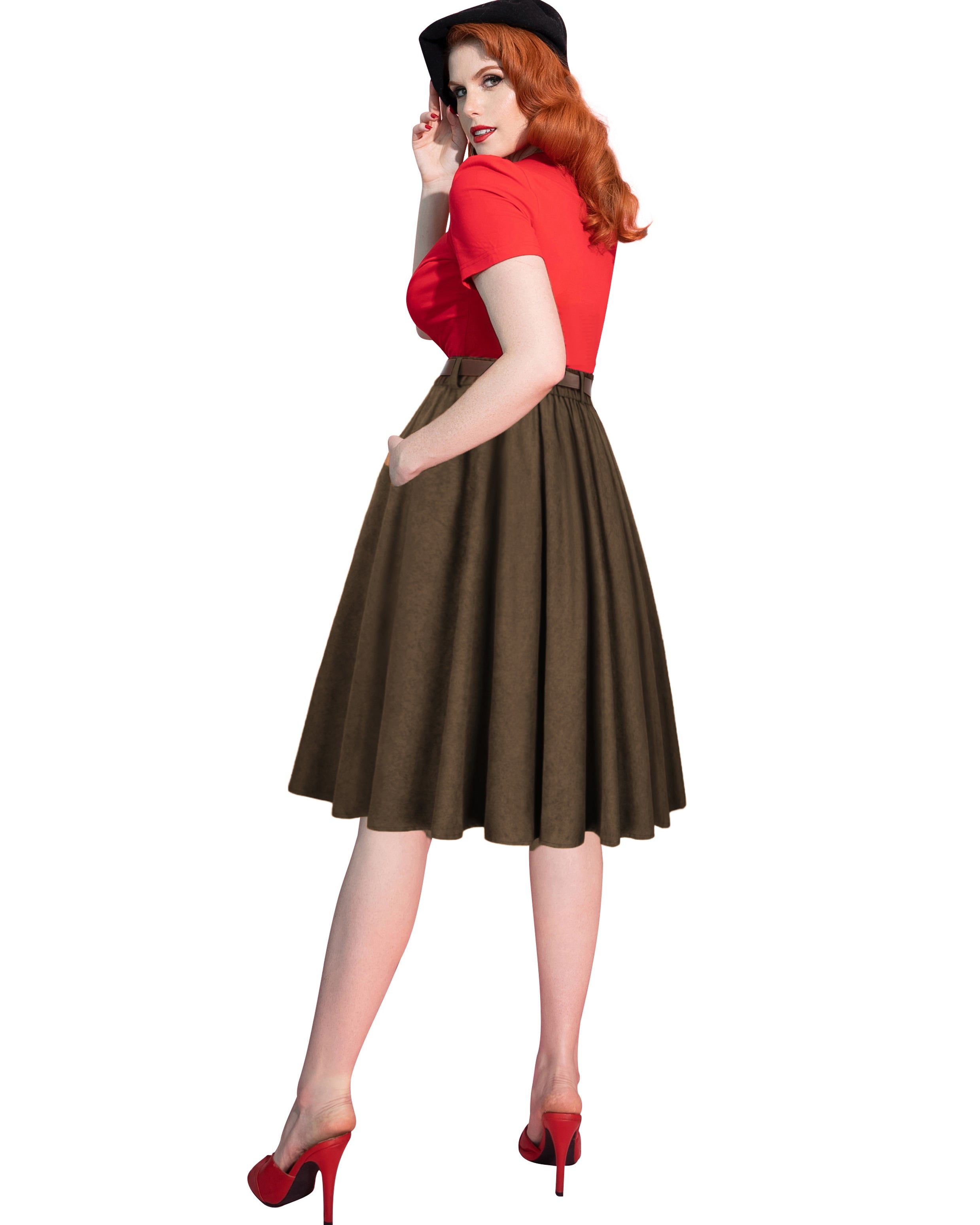 belle poque Corduroy Skirt with Belt Elastic High Waist Mid-Calf Swing Skirt
