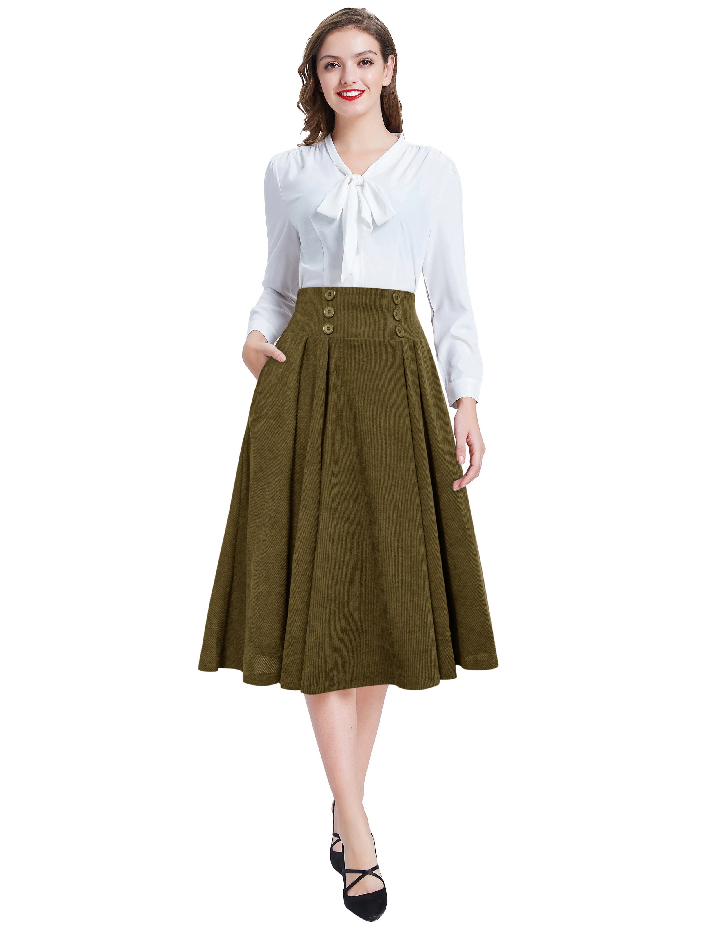 belle poque Vintage Corduroy Skirt Elastic High Waist Buttons Decorated Swing Skirt with Pockets