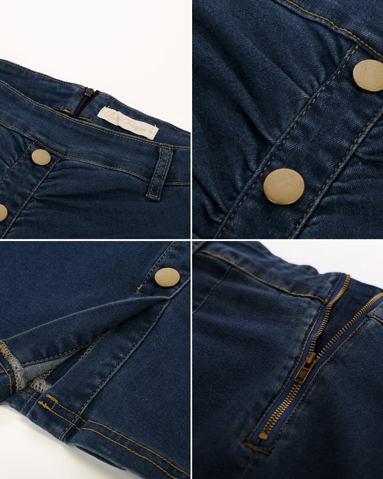 belle poque Vintage Jean Skirt with Belt High Waist Ruched Front Bodycon Skirt