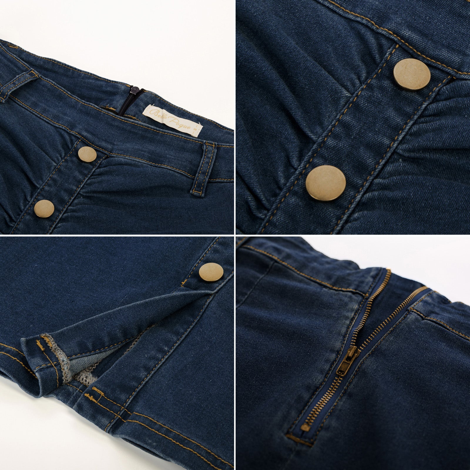 belle poque Vintage Jean Skirt with Belt High Waist Ruched Front Bodycon Skirt