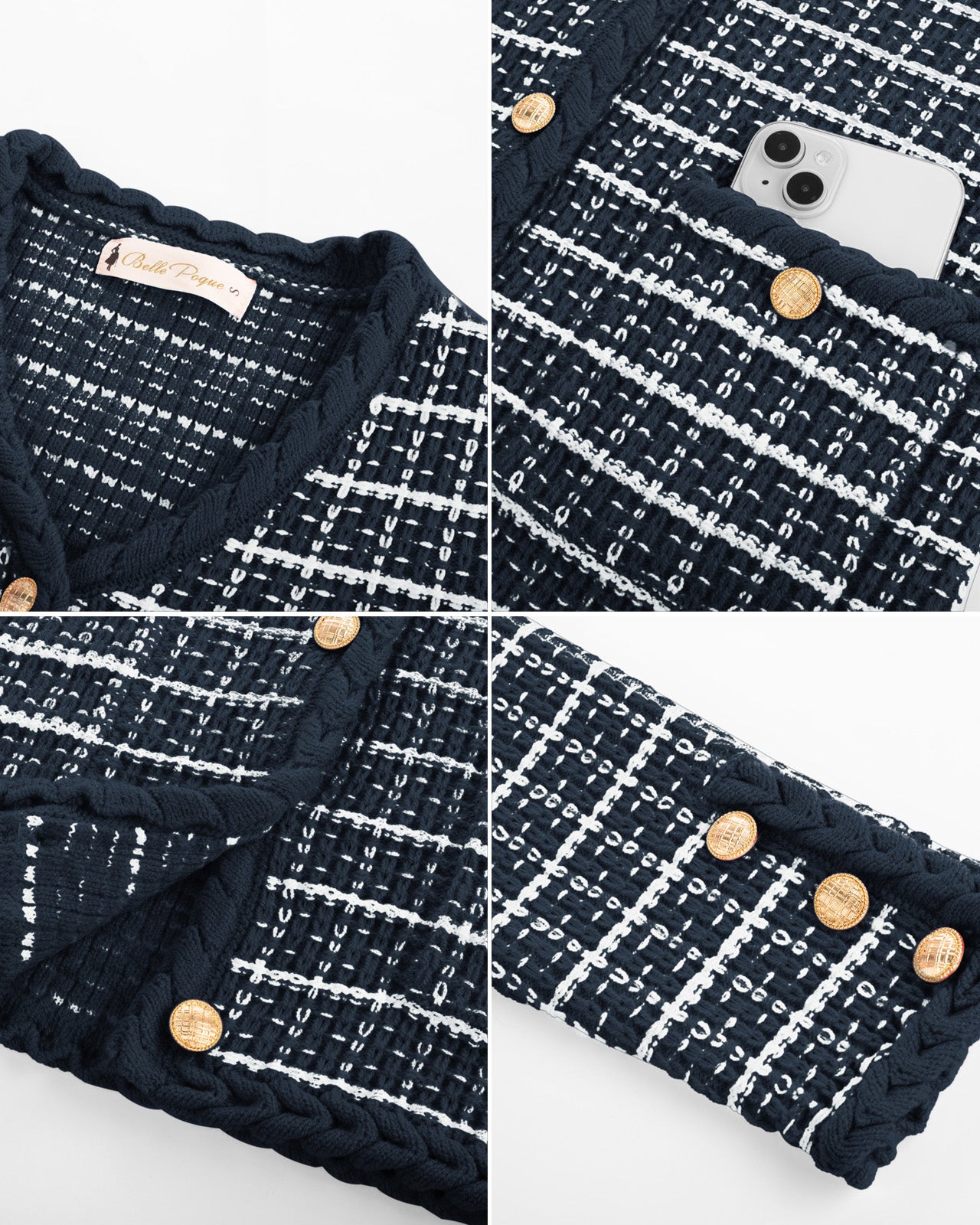 belle poque Contrast Color Cardigan Long Sleeve V-Neck Cable Knitted Sweater