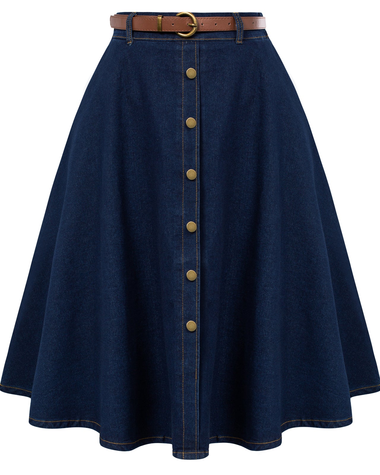 belle poque Jean Skirt with Belt Elastic High Waist A-Line Midi Skirt Blue