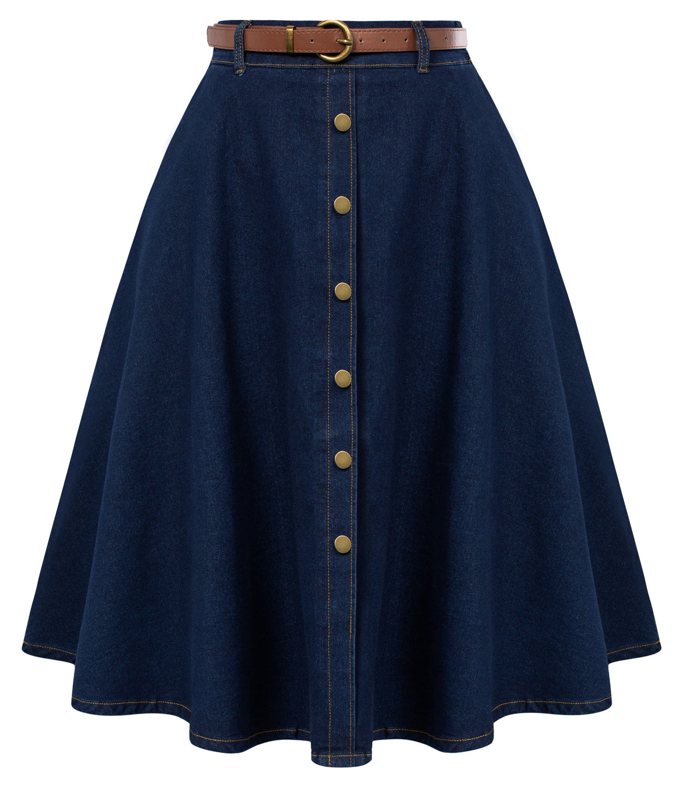 belle poque Jean Skirt with Belt Elastic High Waist A-Line Midi Skirt Blue