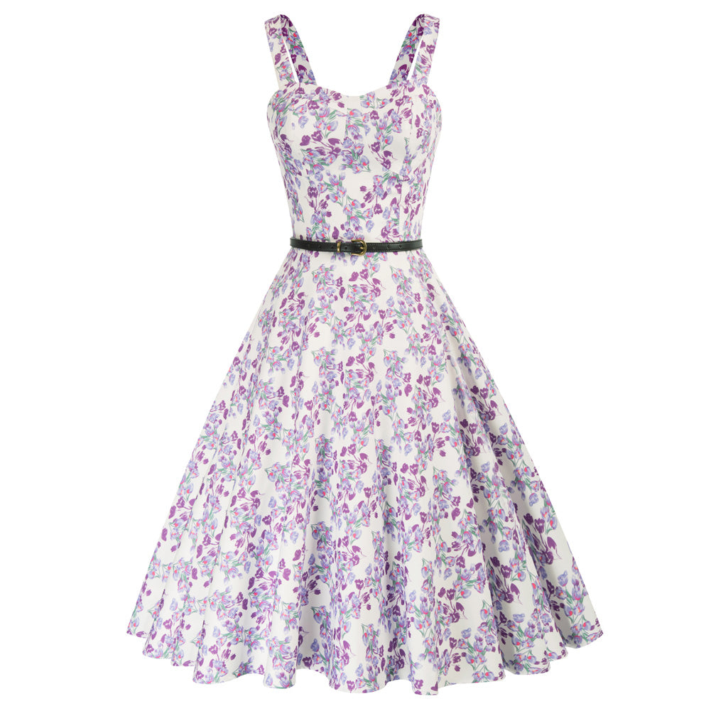 belle poque Fruit Printed Sweetheart Neck Flared 1950s Sleeveless A-Line Dress with Belt Lilac