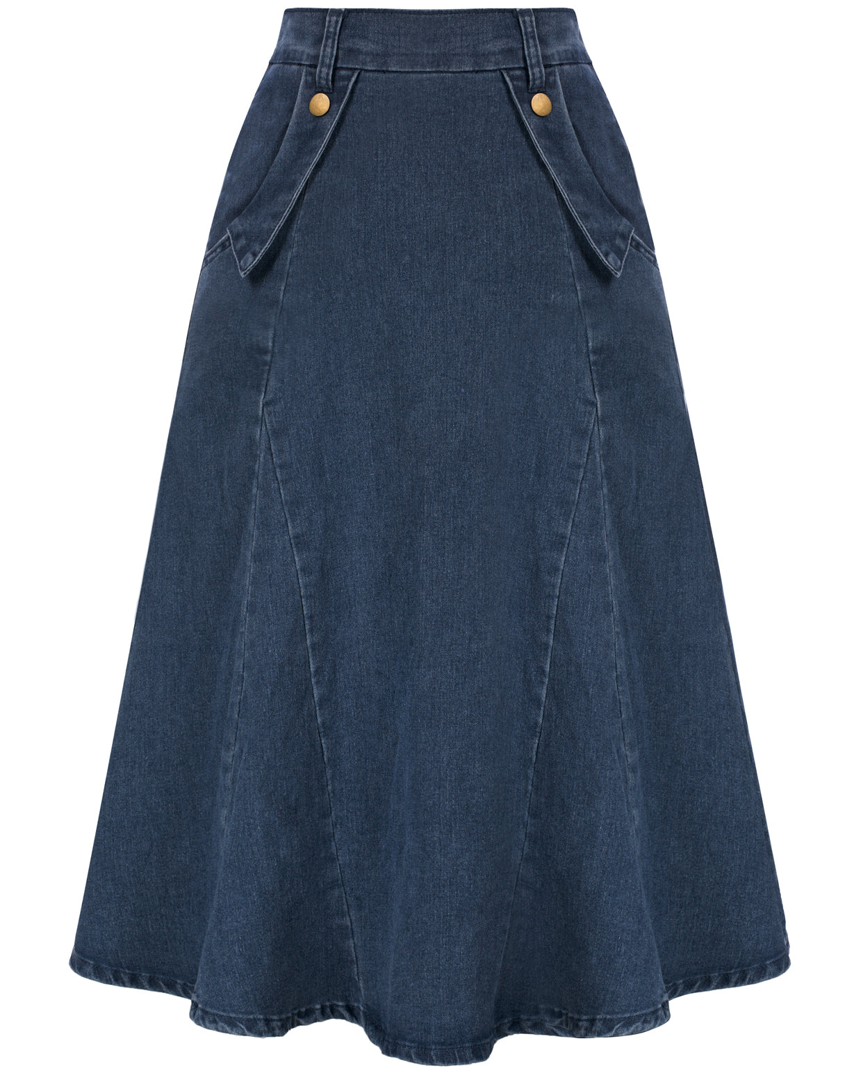 belle poque Denim Skirts Knee Length Vintage Elastic High Waist A-Line Midi Jean Skirts with Pockets Blue
