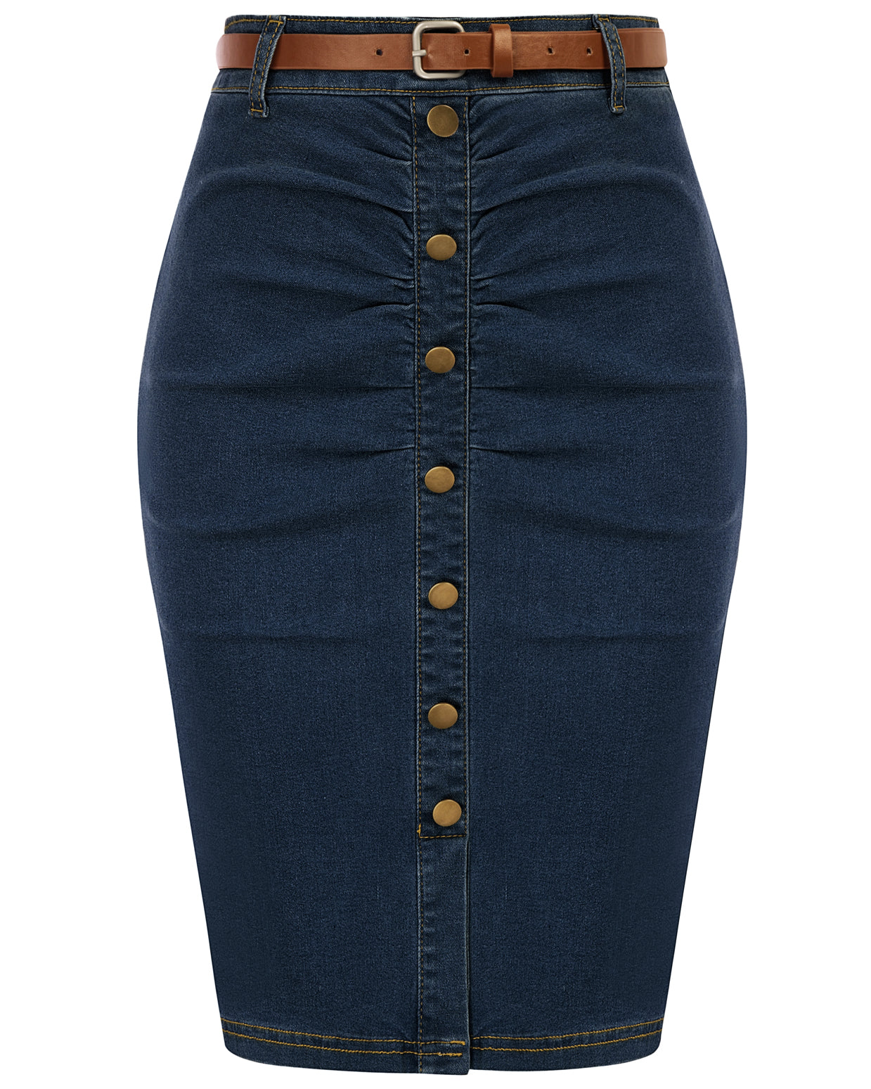 belle poque Vintage Jean Skirt with Belt High Waist Ruched Front Bodycon Skirt Dark Blue