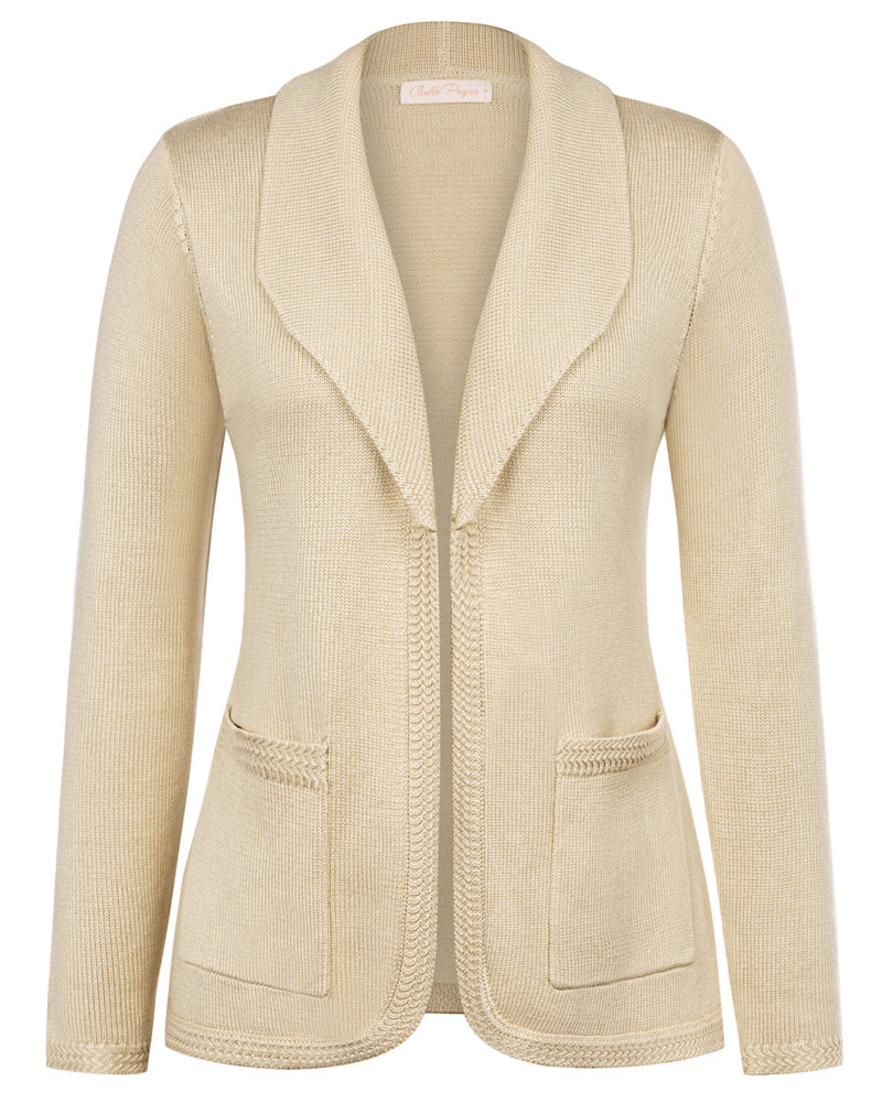 belle poque Vintage Cardigan Sweater Blazer V Neck Shawl Lapel Collar with Pockets Apricot