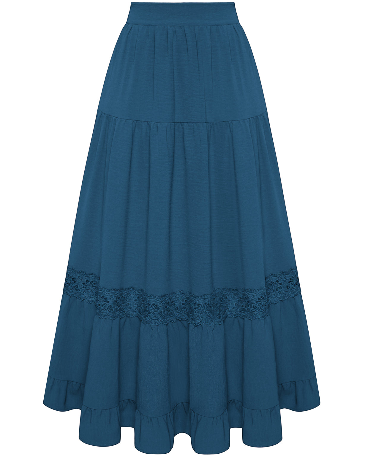 belle poque Women Vintage Tiered Swing Skirt Elastic Waist Ruffled Hem Mid-Calf Skirt