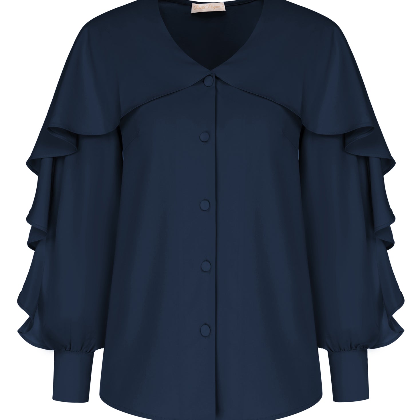 belle poque Seckill Offer⌛Ruffle Decorated Shirt Long Sleeve V-Neck Button-up Tops Dark Blue