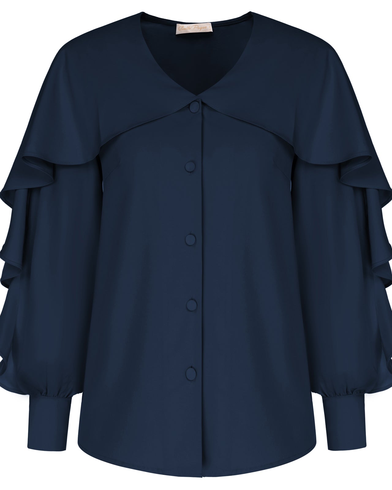 belle poque Seckill Offer⌛Ruffle Decorated Shirt Long Sleeve V-Neck Button-up Tops Dark Blue