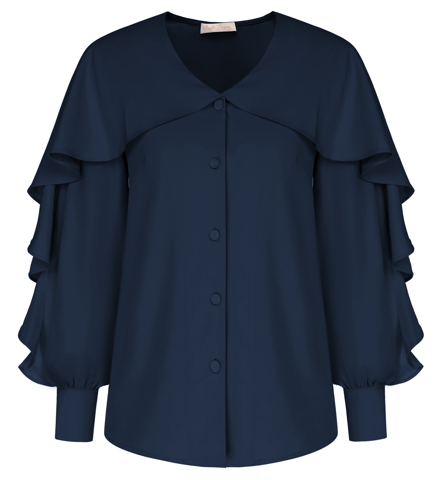 belle poque Seckill Offer⌛Ruffle Decorated Shirt Long Sleeve V-Neck Button-up Tops Dark Blue