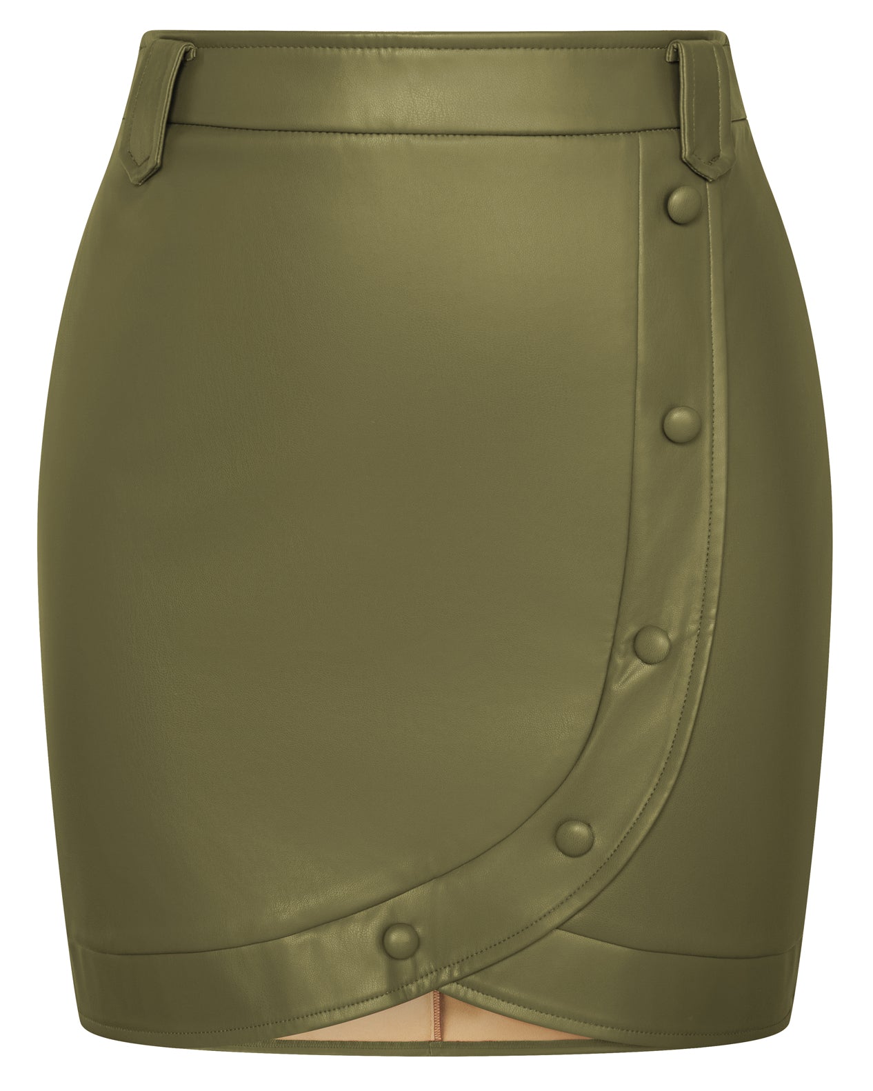 belle poque Women Vintage Imitated Leather Skirt Elastic Waist Mid-Thigh Bodycon Skirt Green