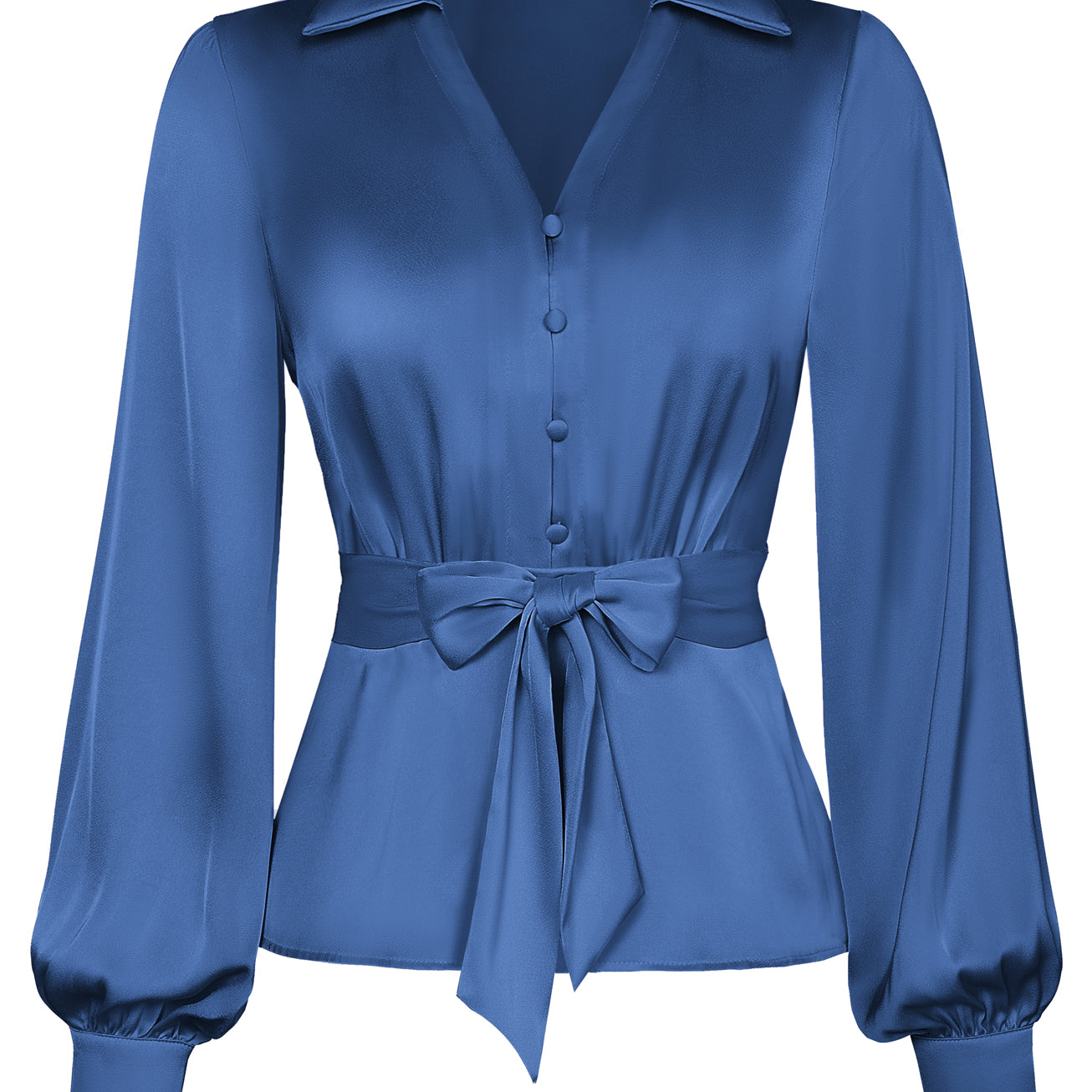 belle poque Vintage Elastic Waist Blouse Long Sleeve Lapel V-Neck Pullover Tops Blue