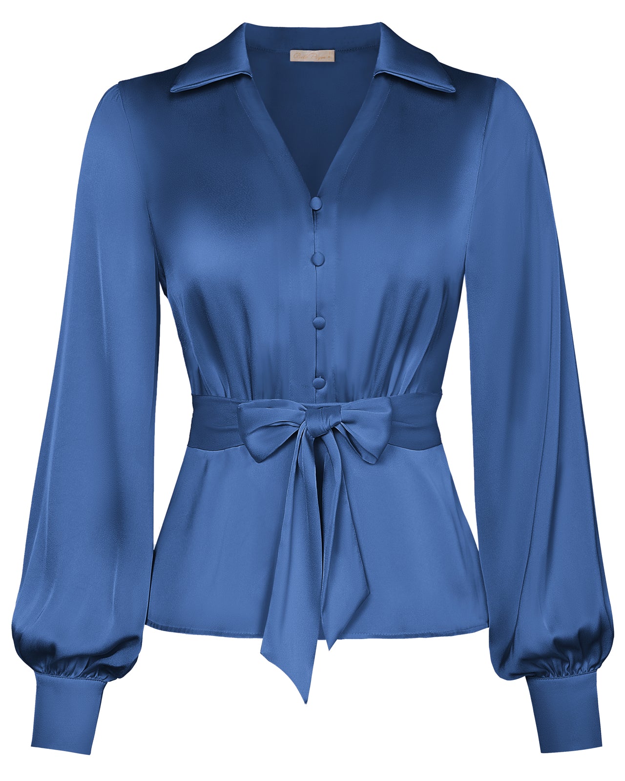 belle poque Vintage Elastic Waist Blouse Long Sleeve Lapel V-Neck Pullover Tops Blue